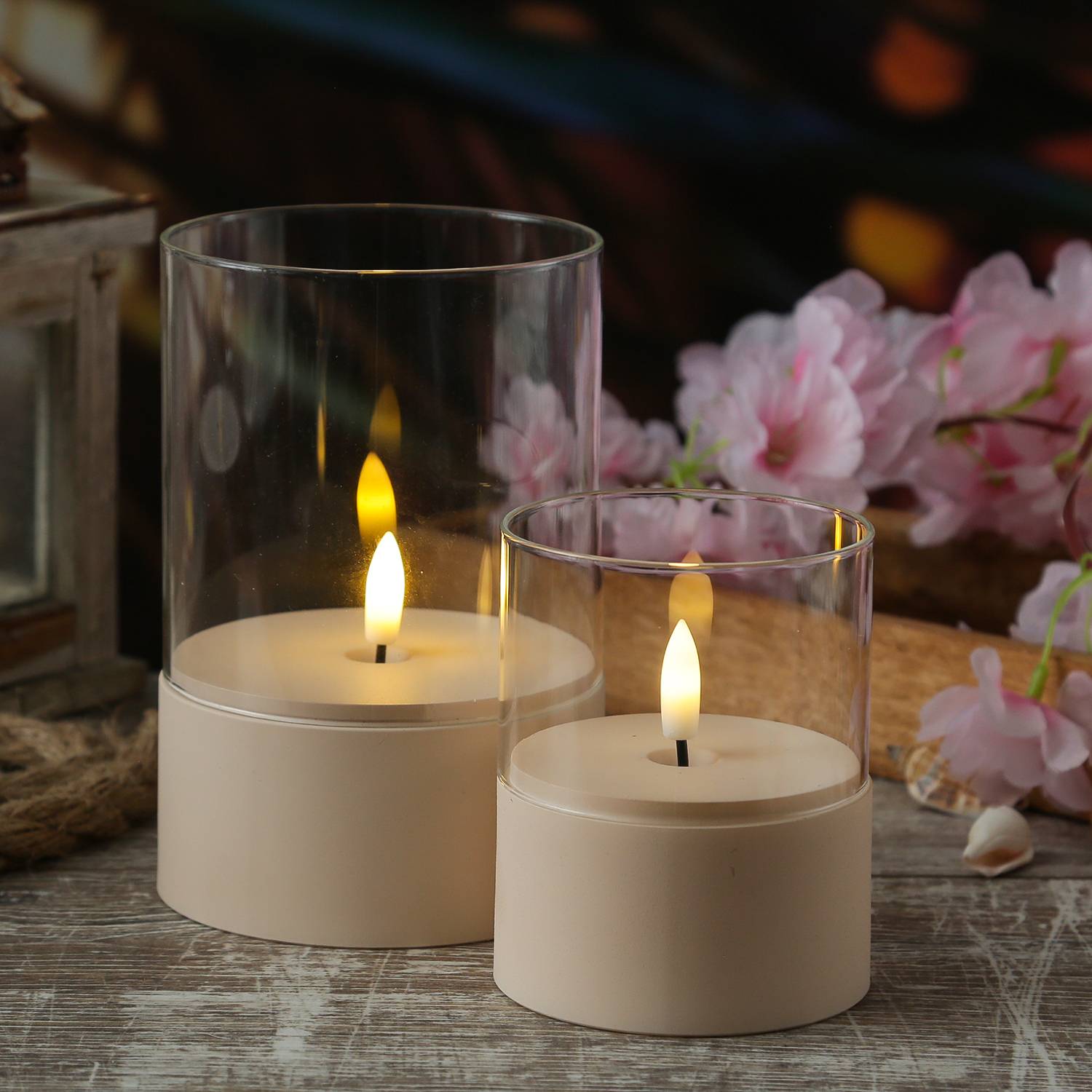 LED Windlicht Kerze im Glas flackernd Timer H: 15cm D: 10cm creme
