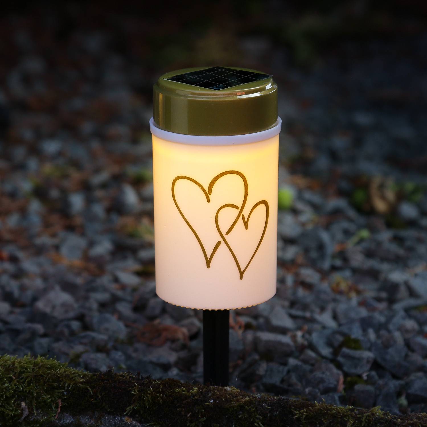 LED Solar Grablicht Grabkerze Herz mit Erdspieß Grableuchte Mit Sensor Weiß