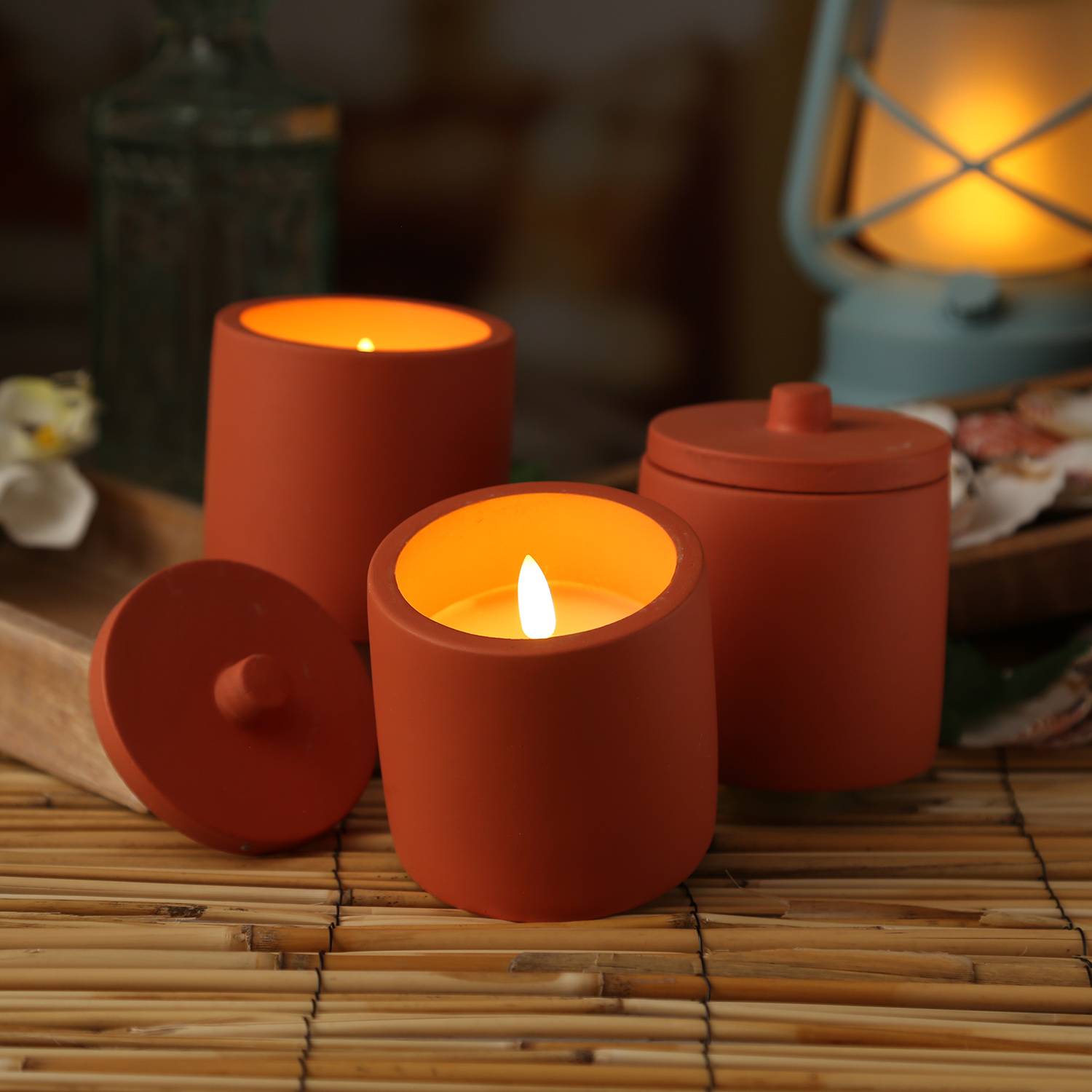 LED Kerzen im Topf mit Deckel Betonoptik Echtwachs H: 10cm terracotta 3er Set