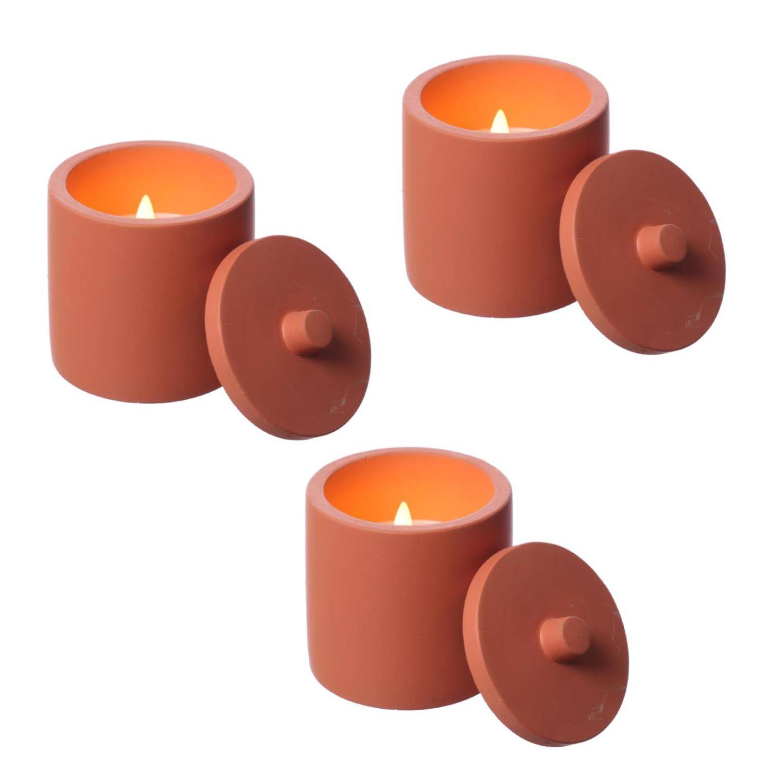 LED Kerzen im Topf mit Deckel Betonoptik Echtwachs H: 10cm terracotta 3er Set
