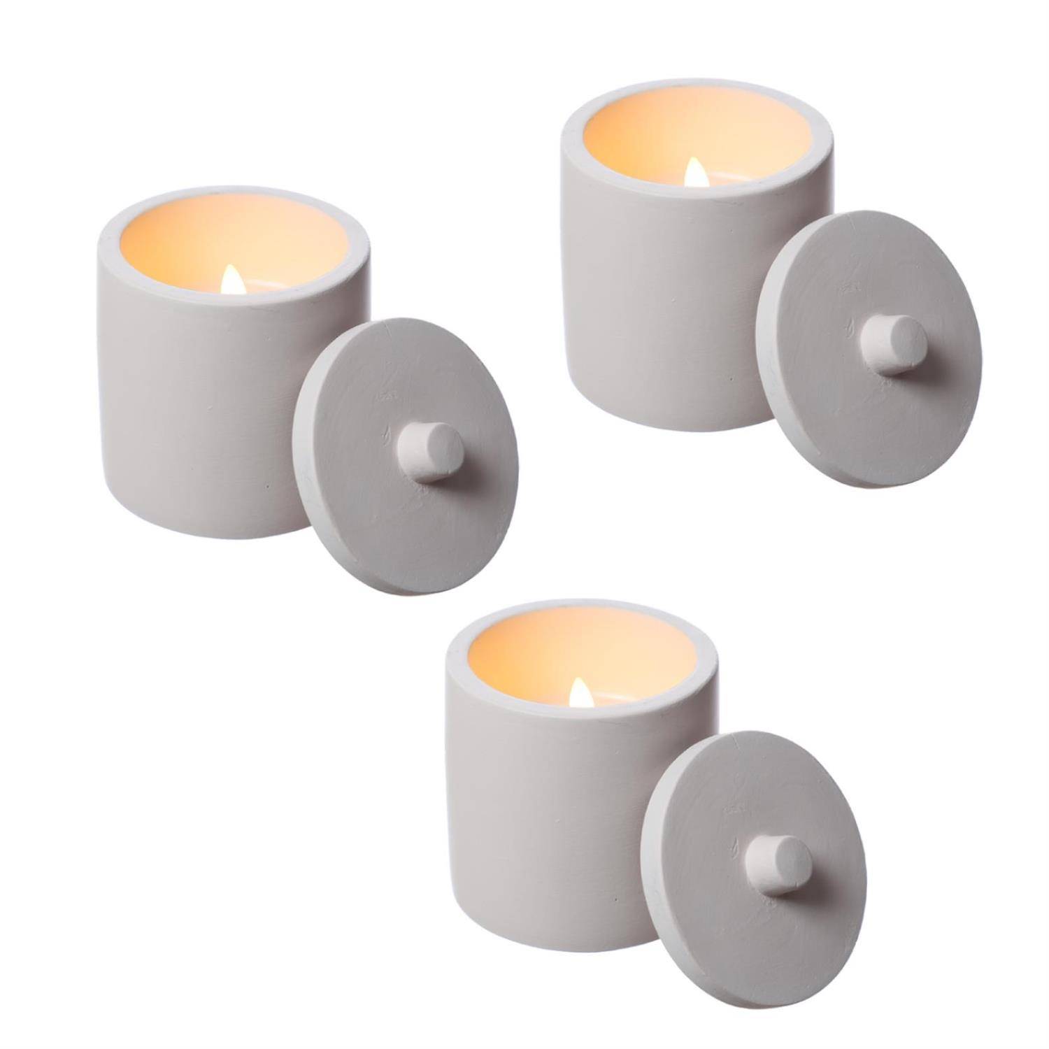 LED Kerzen im Topf mit Deckel Betonoptik Echtwachs H: 10cm weiß 3er Set