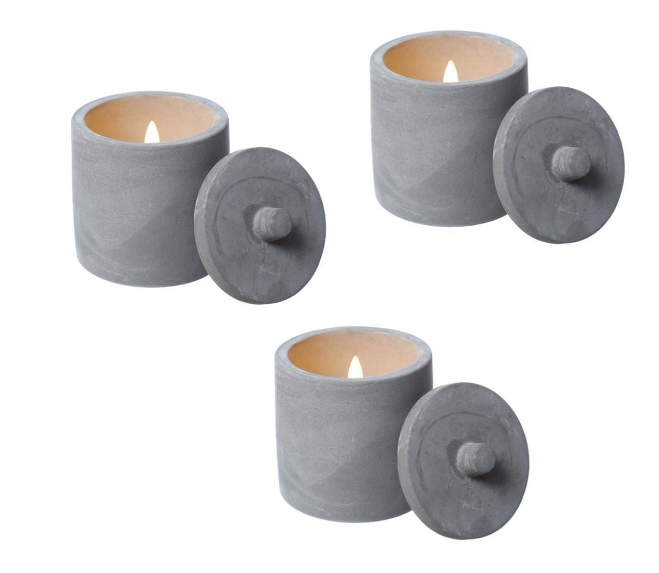 LED Kerzen im Topf mit Deckel Betonoptik Echtwachs H: 10cm grau 3er Set