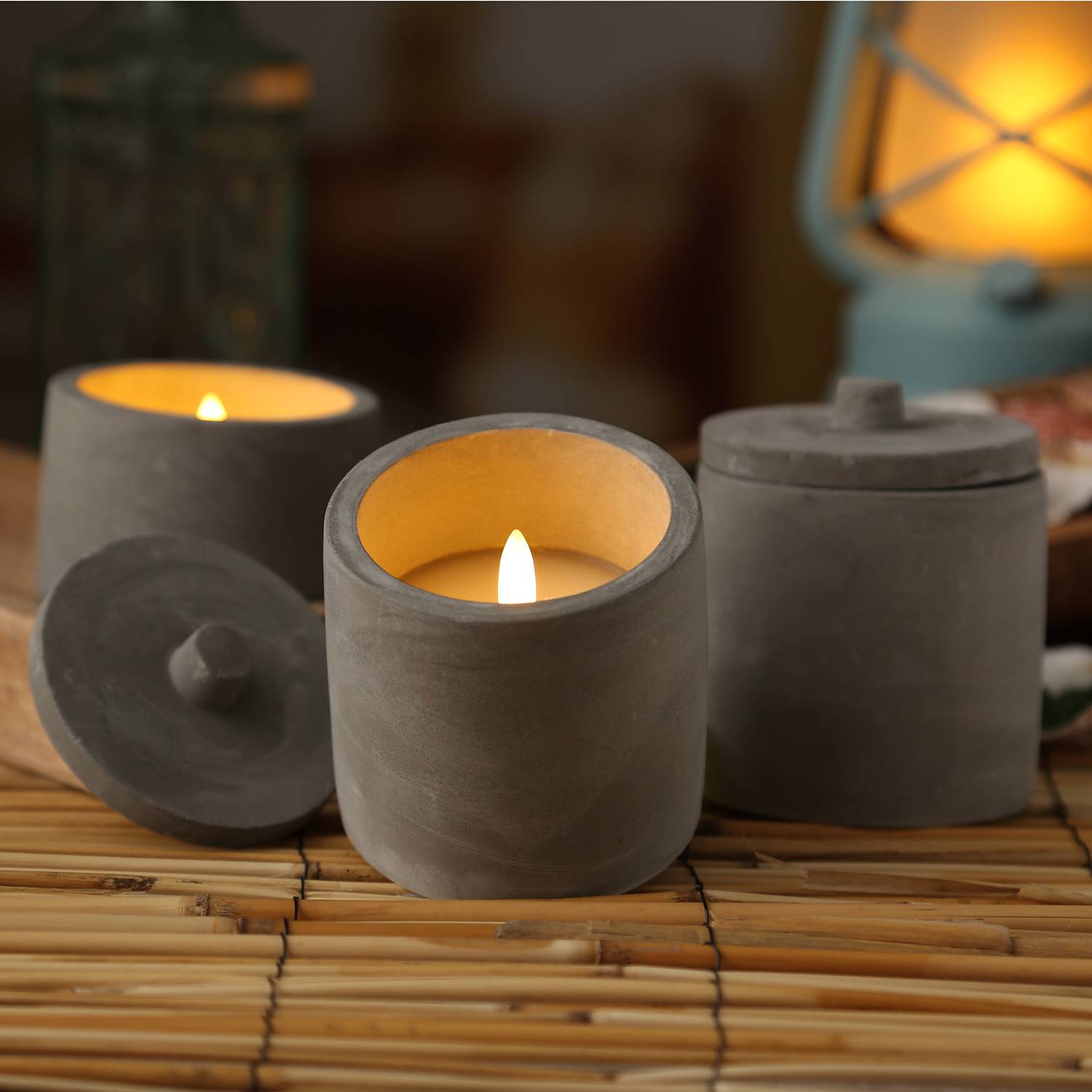 LED Kerzen im Topf mit Deckel Betonoptik Echtwachs H: 10cm grau 3er Set