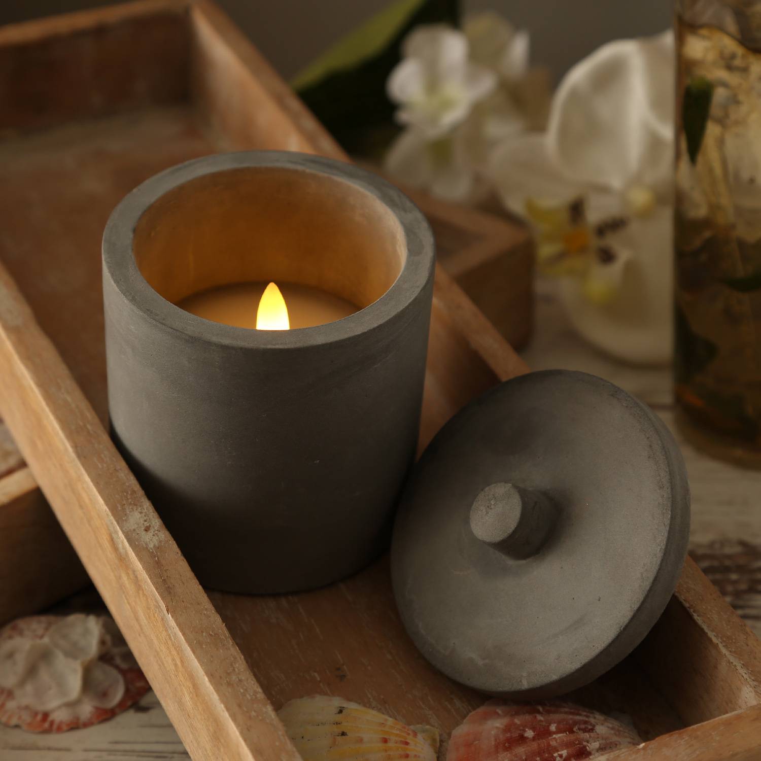 LED Kerzen im Topf mit Deckel Betonoptik Echtwachs H: 10cm grau 3er Set
