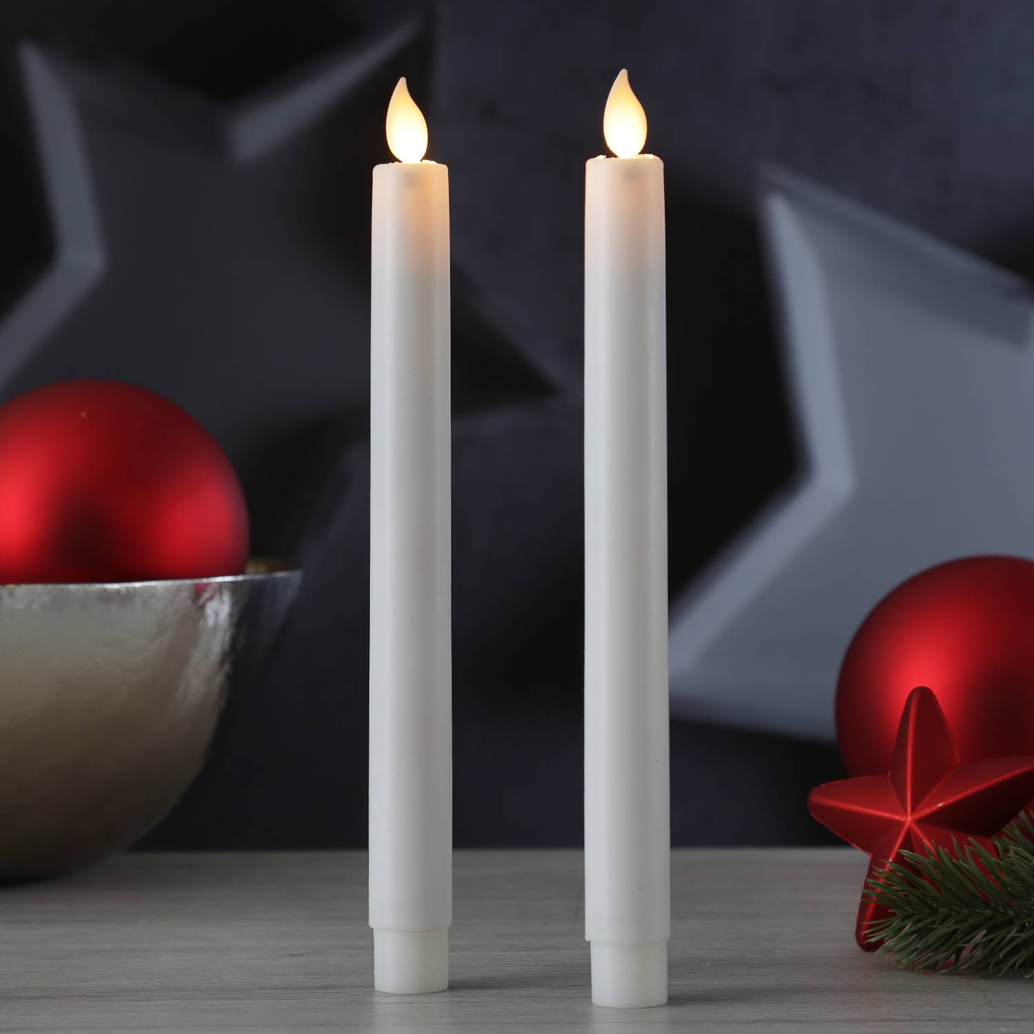 LED Stabkerzen Tafelkerzen bewegliche Flamme Dinner Spitzkerzen 2er Set weiß