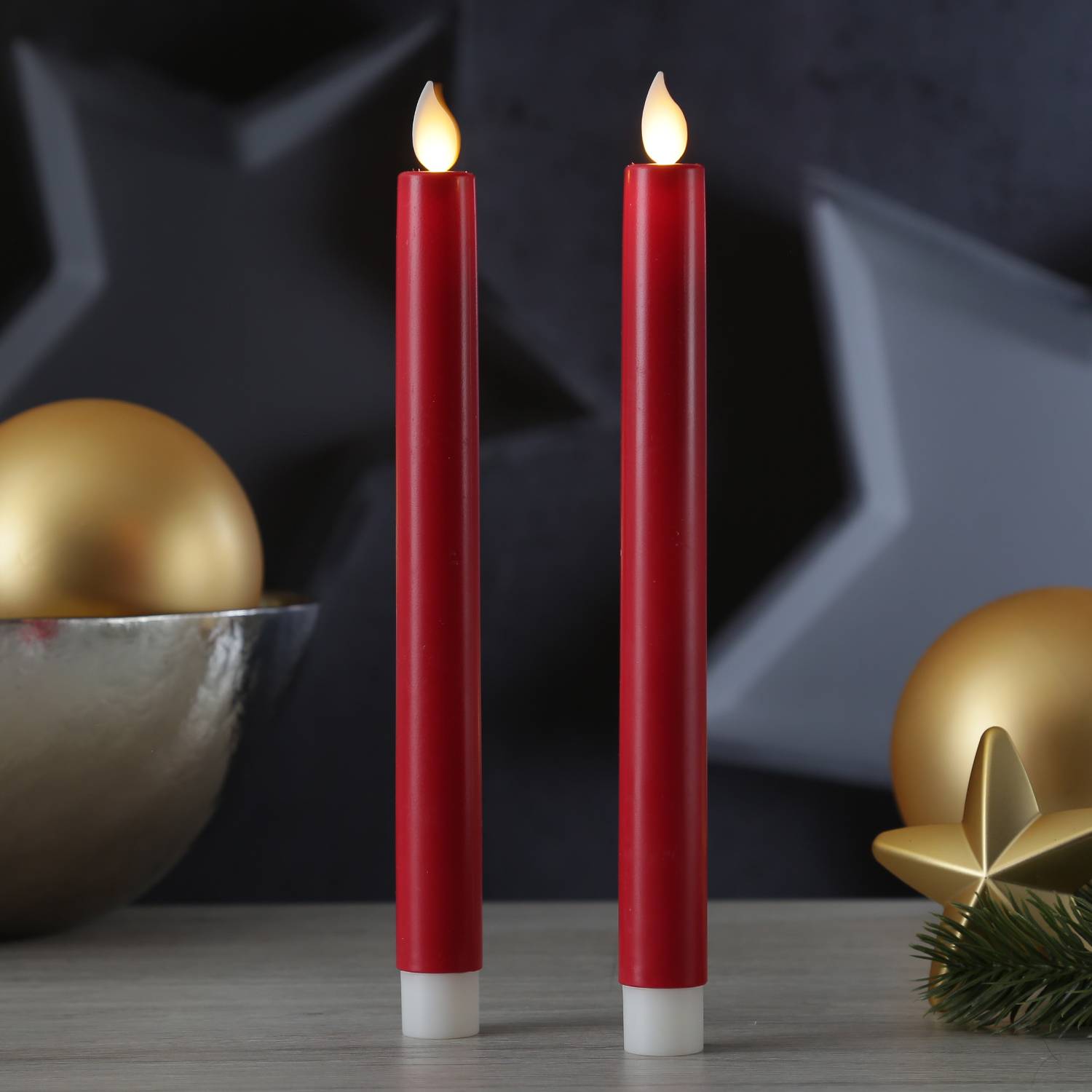 LED Stabkerzen Tafelkerzen bewegliche Flamme Dinner Spitzkerzen 2er Set rot