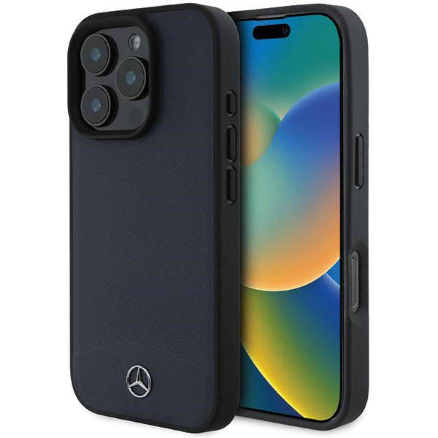 Zwei schwarze Smartphone-Hüllen, die auf einem Telefon gezeigt werden, eine Rückansicht mit dreifachem Kamera-Ausschnitt und eine Vorderansicht mit sichtbarem Bildschirm.