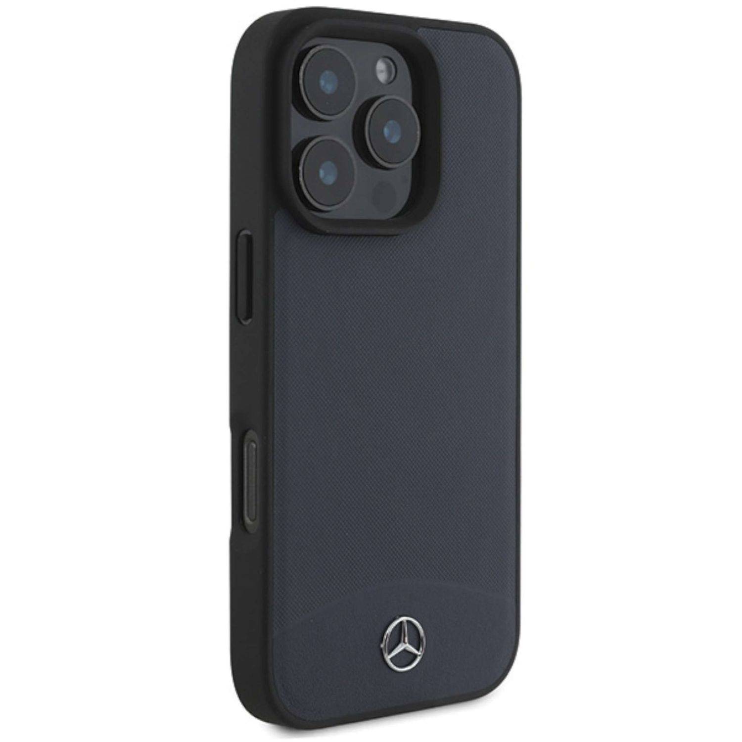 Schwarze Smartphone-Hülle mit erhöhtem Dreifach-Kameraausschnitt und Mercedes-Benz-Logo auf der Rückseite.