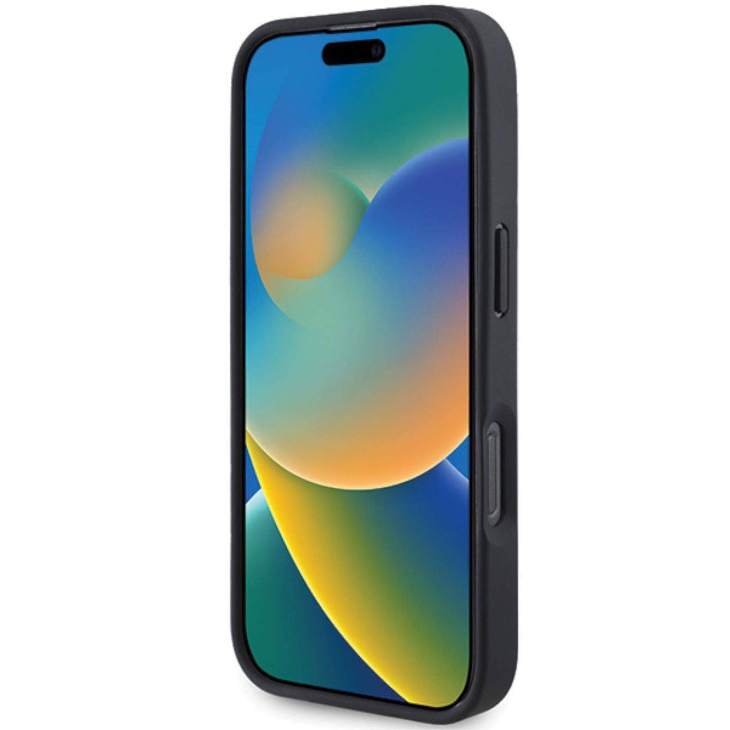 Schwarzes Smartphone in einer Schutzhülle, Vorderansicht mit farbenreichem abstraktem Bildschirm auf weißem Hintergrund.