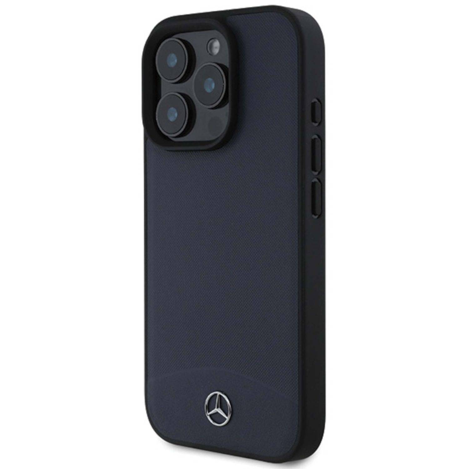 Schwarze Smartphone-Hülle mit erhöhtem Dreifach-Kamera-Ausschnitt und Mercedes-Benz-Logo auf der Rückseite.