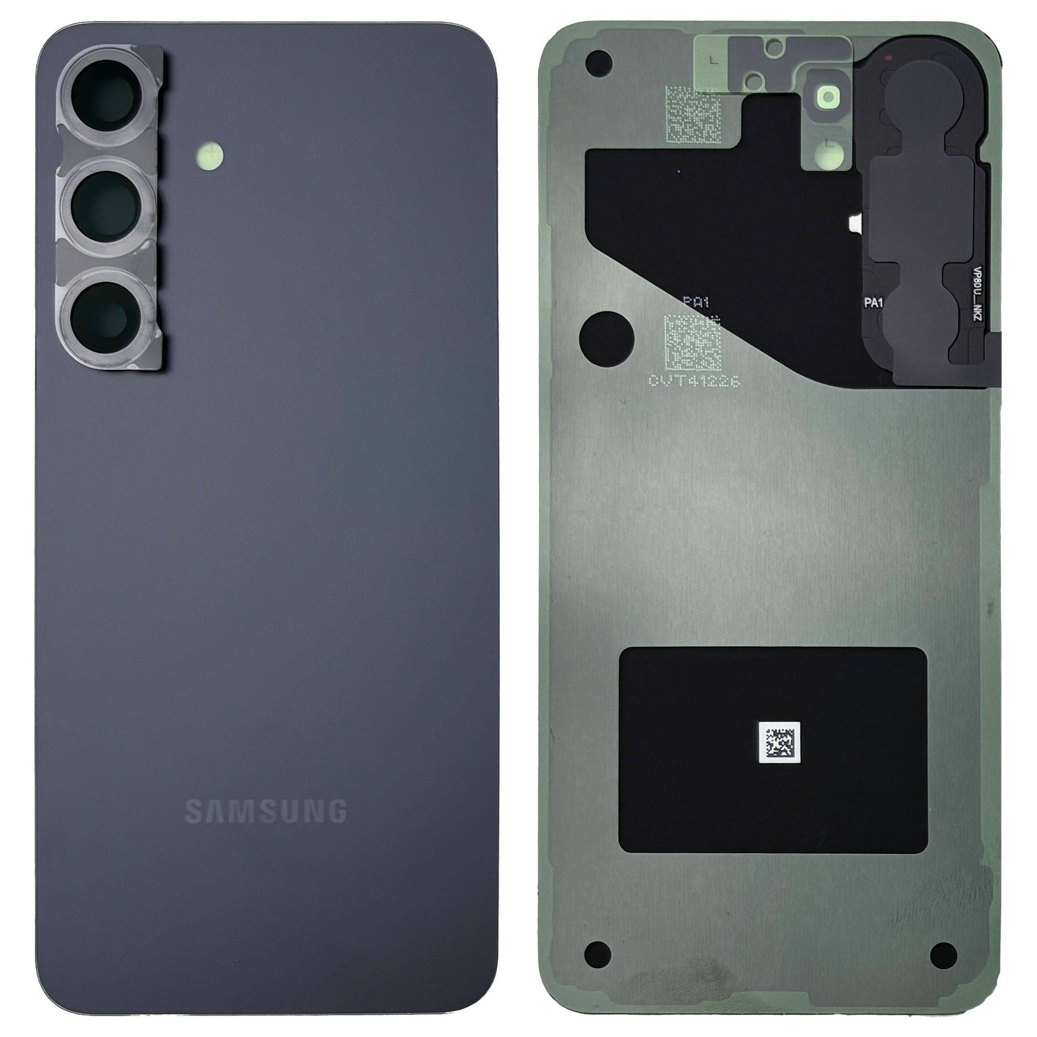 Rückansicht eines Samsung-Smartphone-Ersatz-Rückdeckels und des inneren Gehäuses mit drei Kameraausschnitten und dem Samsung-Logo.