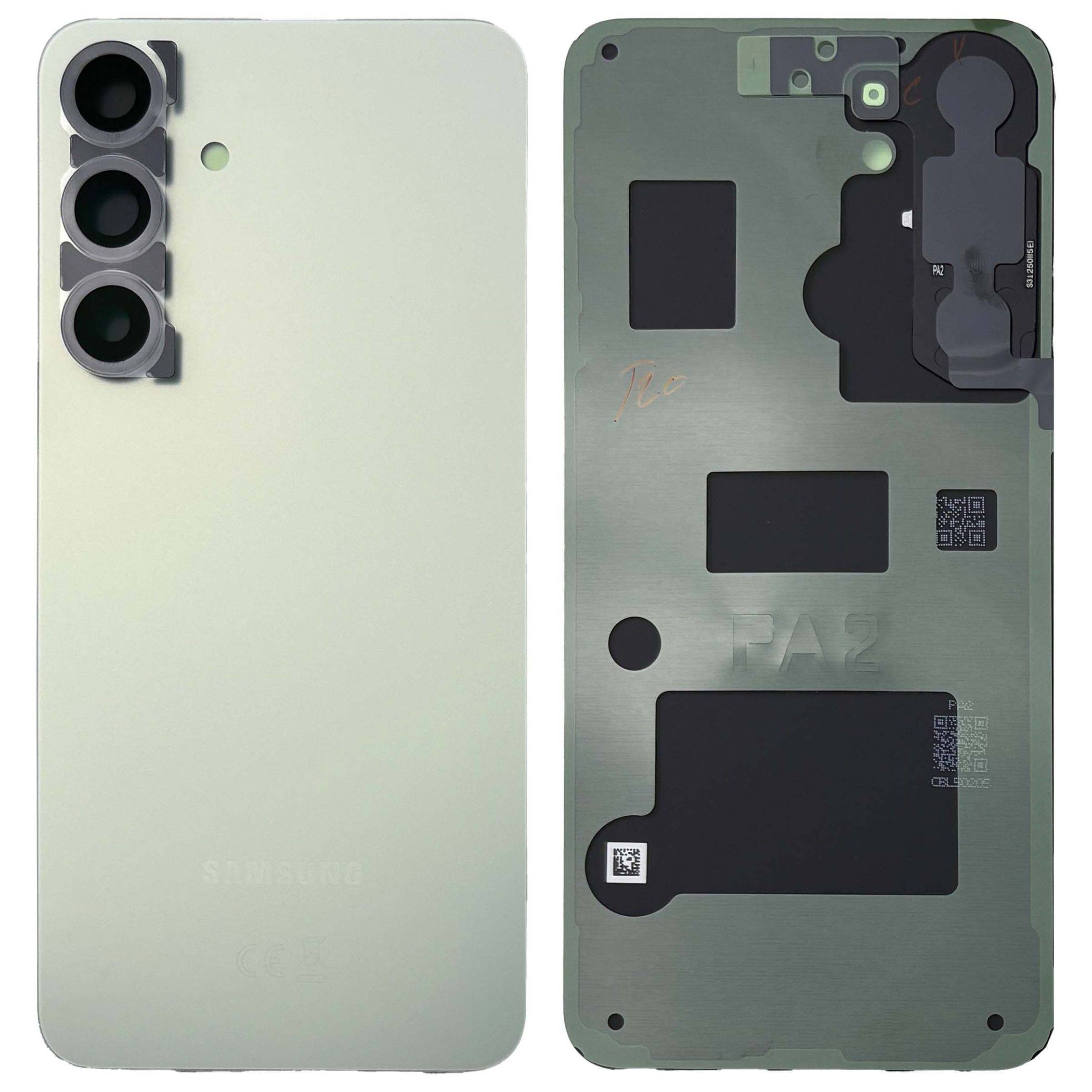 Zwei Ansichten einer Samsung-Handyrückseite, die das Äußere mit dreifachen Kameraaussparungen und den inneren Rahmen mit Klebstoff und Aussparungsöffnungen zeigen.