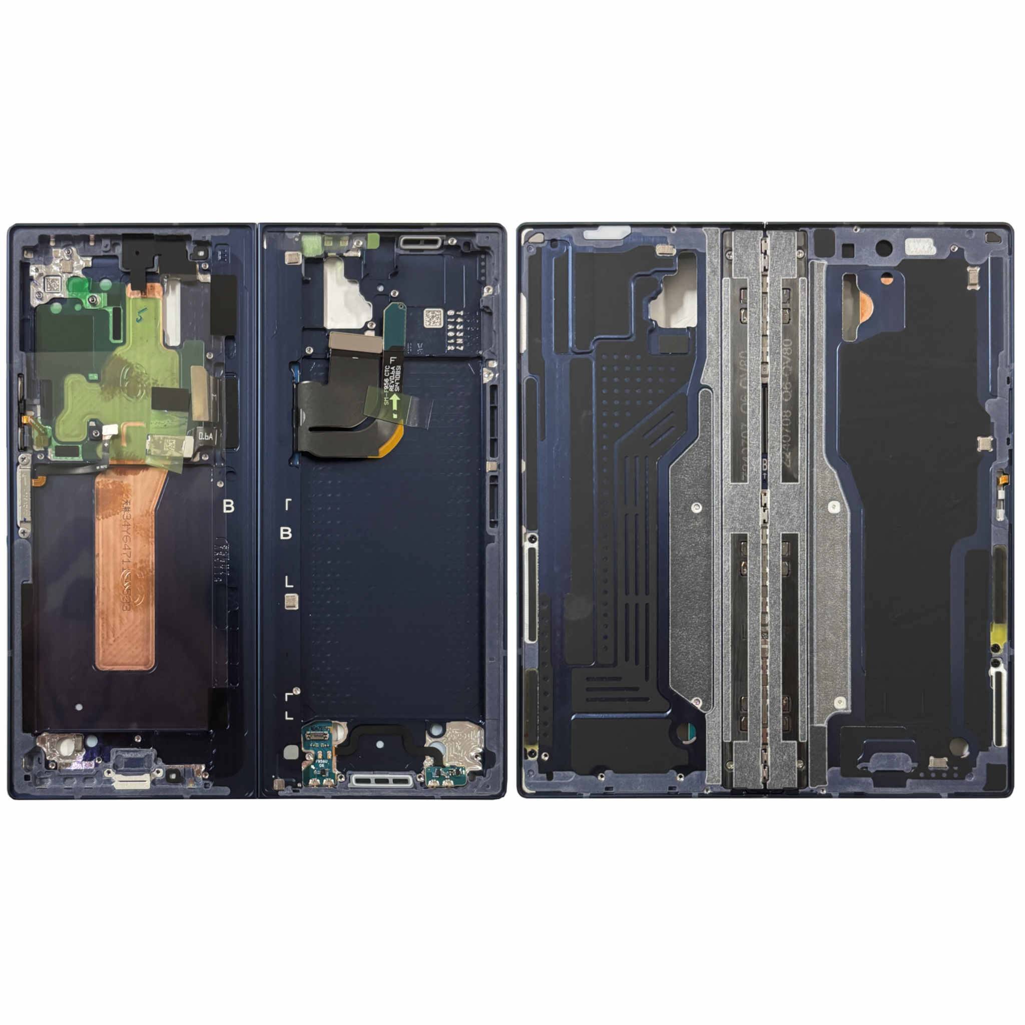 Explodierte Ansicht eines Tablet- oder Telefongehäuses mit sichtbaren internen Komponenten und Rückschale, mit Leiterplatten, Batterien und Steckverbindern.