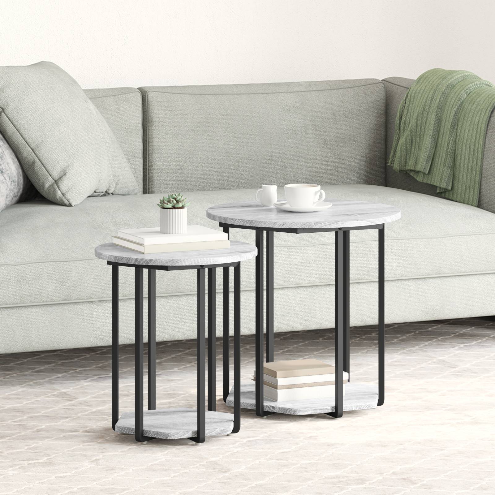 vidaXL Beistelltische 2 Stk. Grau Sonoma Holzwerkstoff und Metall