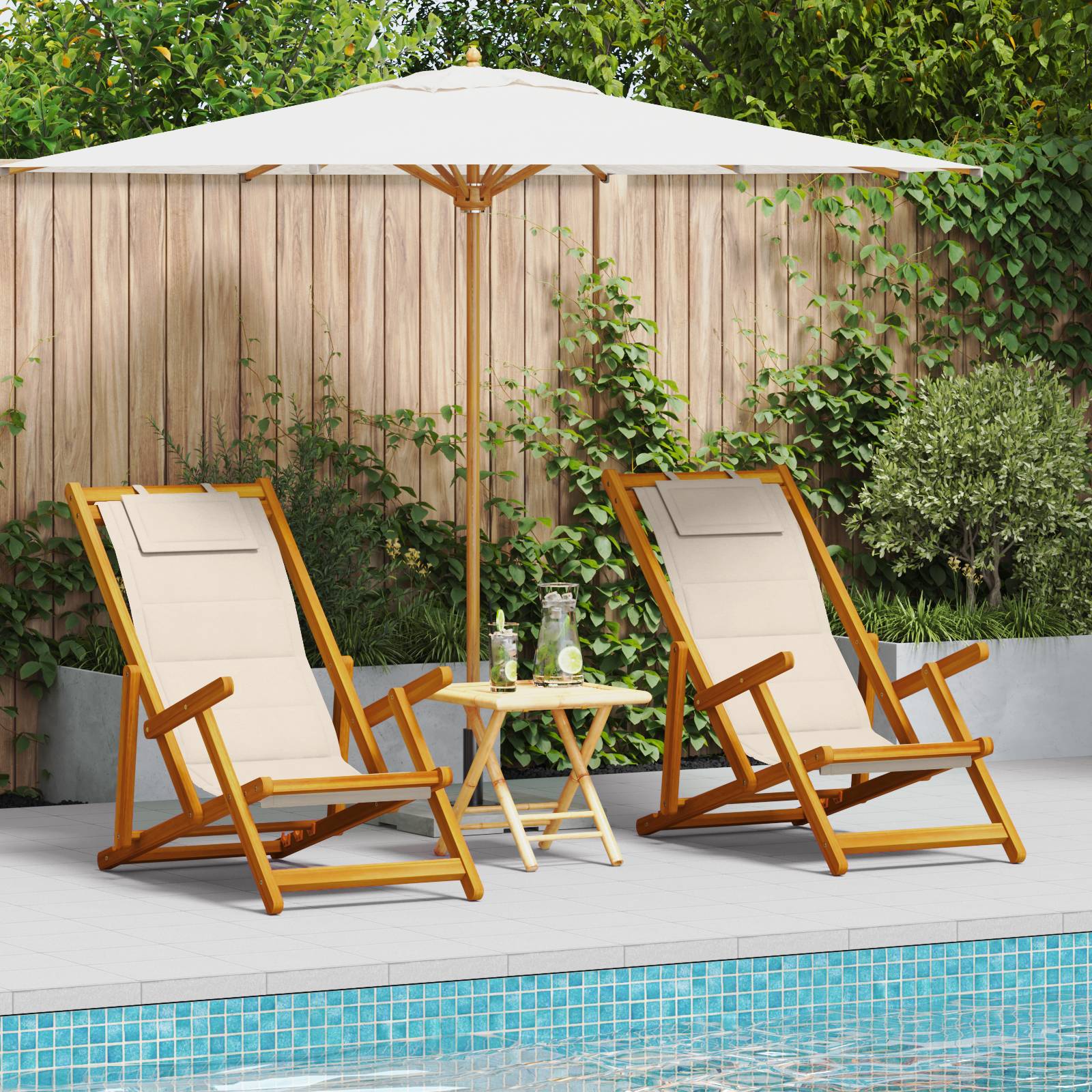 vidaXL Strandstühle 2 Stk. Klappbar Creme Akazienholz & Textilene