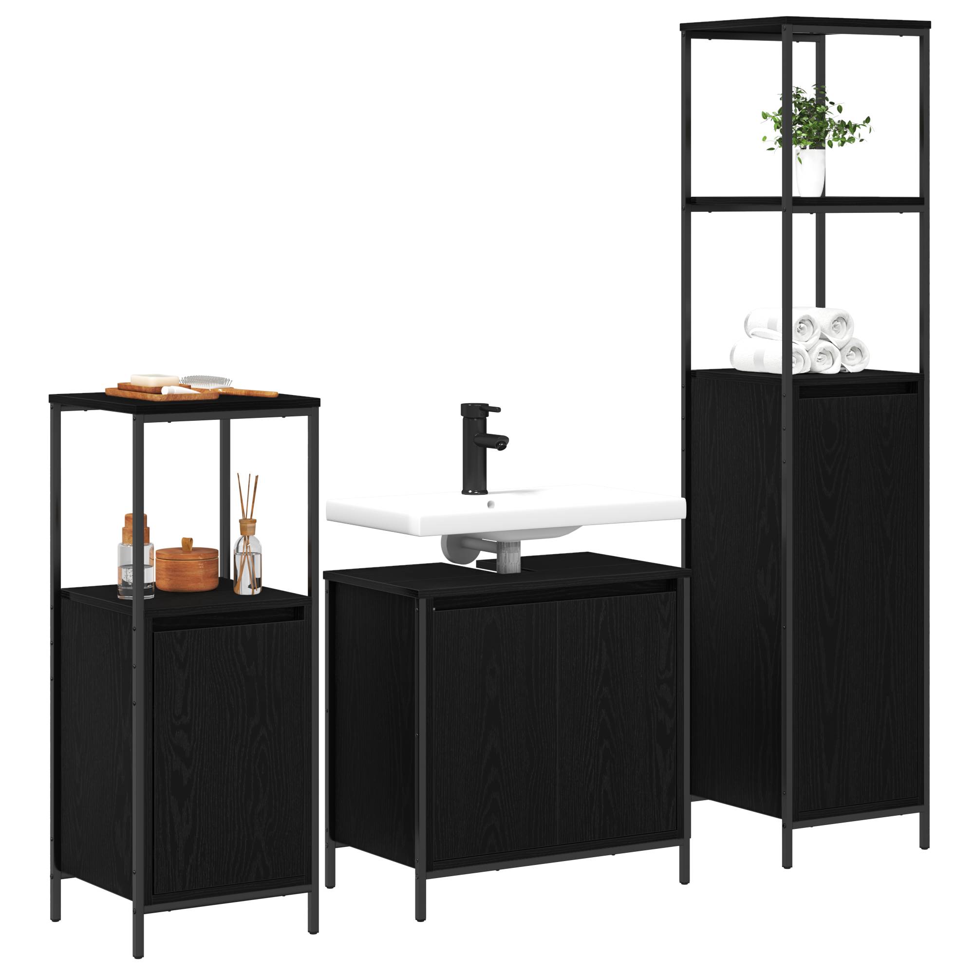 vidaXL 3-tlg. Badmöbel-Set Schwarz Eiche Holzwerkstoff