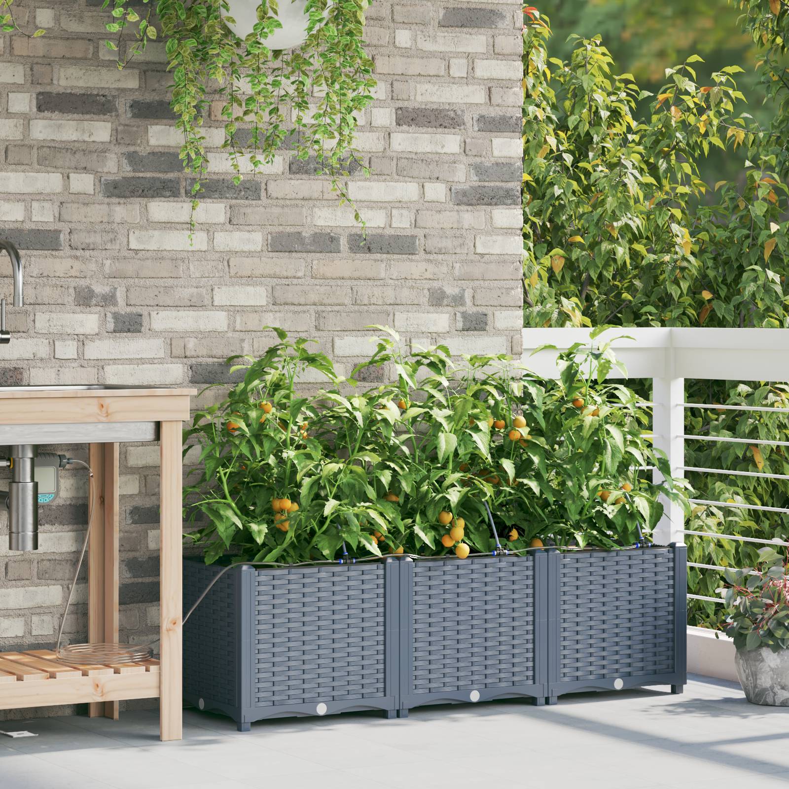 vidaXL Pflanzkästen mit Bewässerungssystem 3 Stk. Hellgrau