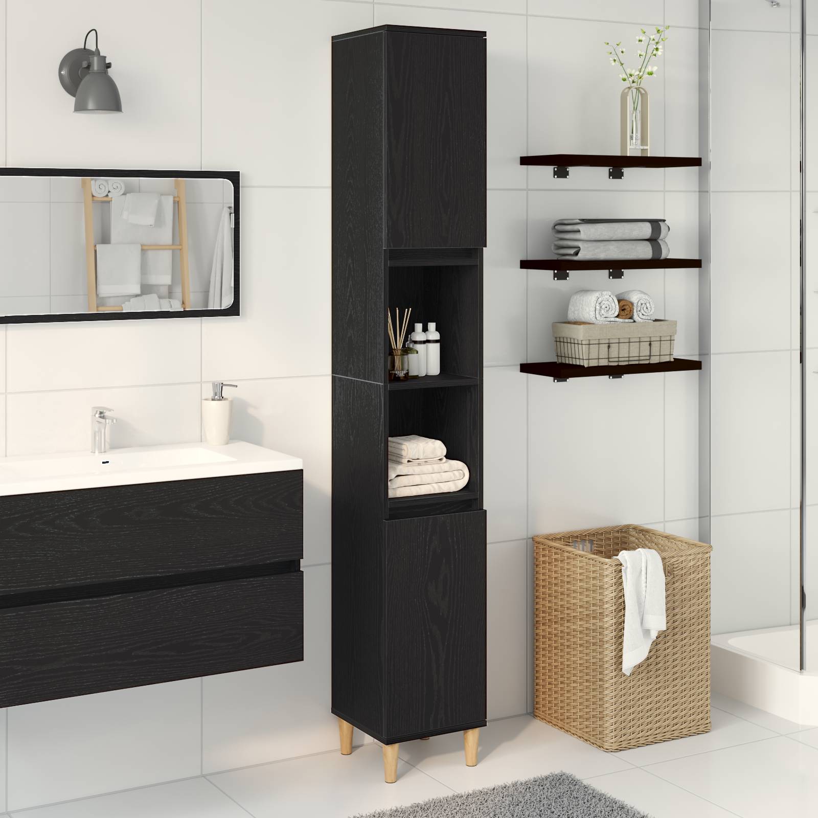 vidaXL Badschrank Schwarz Eiche 30x30x190 cm Holzwerkstoff