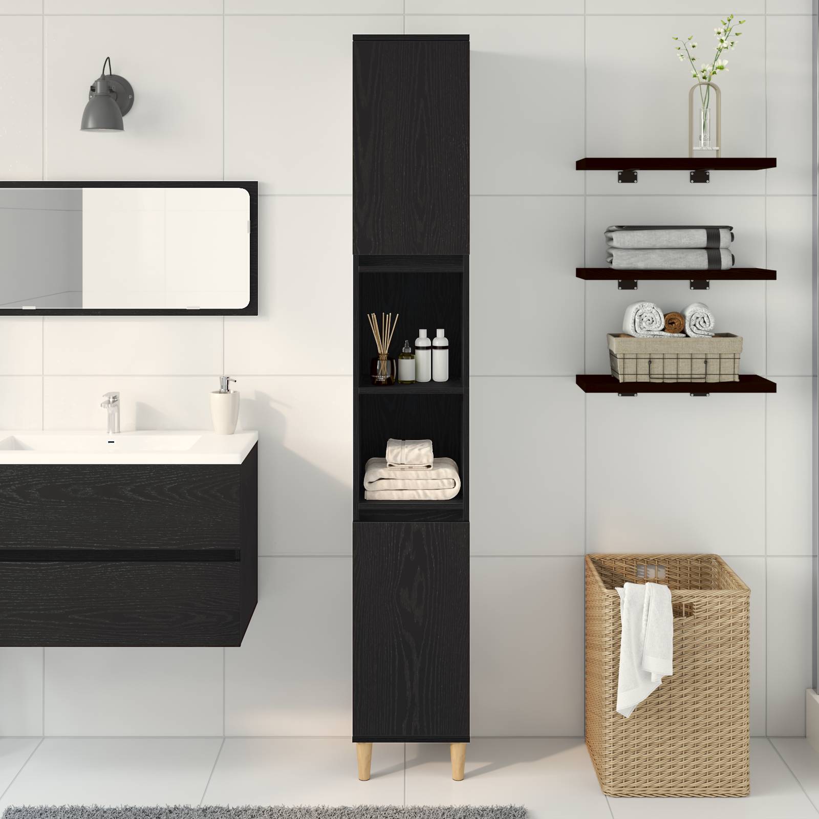 vidaXL Badschrank Schwarz Eiche 30x30x190 cm Holzwerkstoff