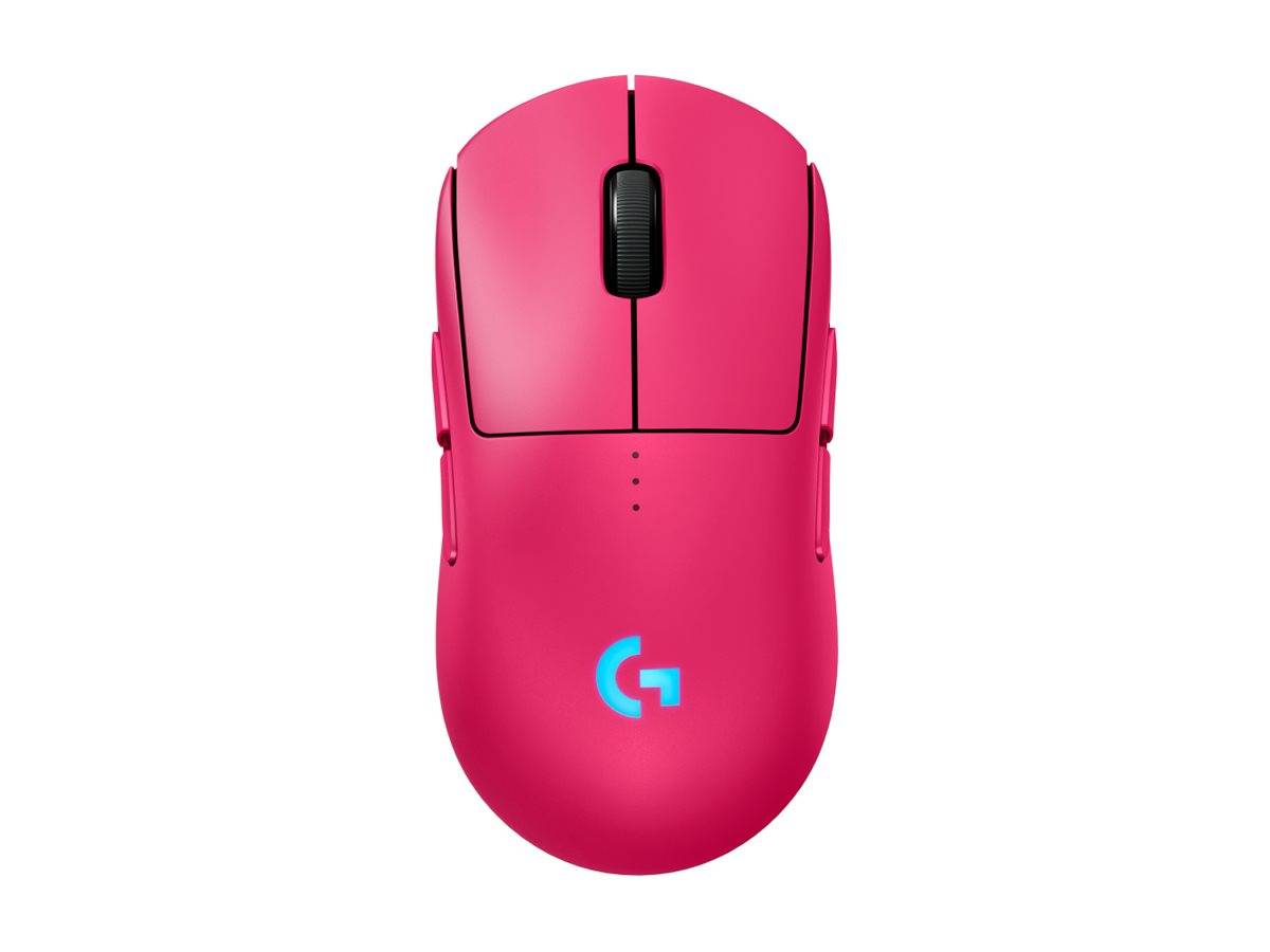 Rosa Logitech Gaming-Maus mit schwarzem Scrollrad und leuchtendem blauem G-Logo auf weißem Hintergrund