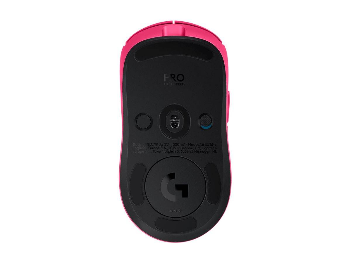 Unteransicht einer rosa und schwarzen Logitech PRO Wireless-Maus mit Sensor, Netzschalter, Kopplungsschaltfläche und kreisförmigem Wireless-Empfängerabschnitt.