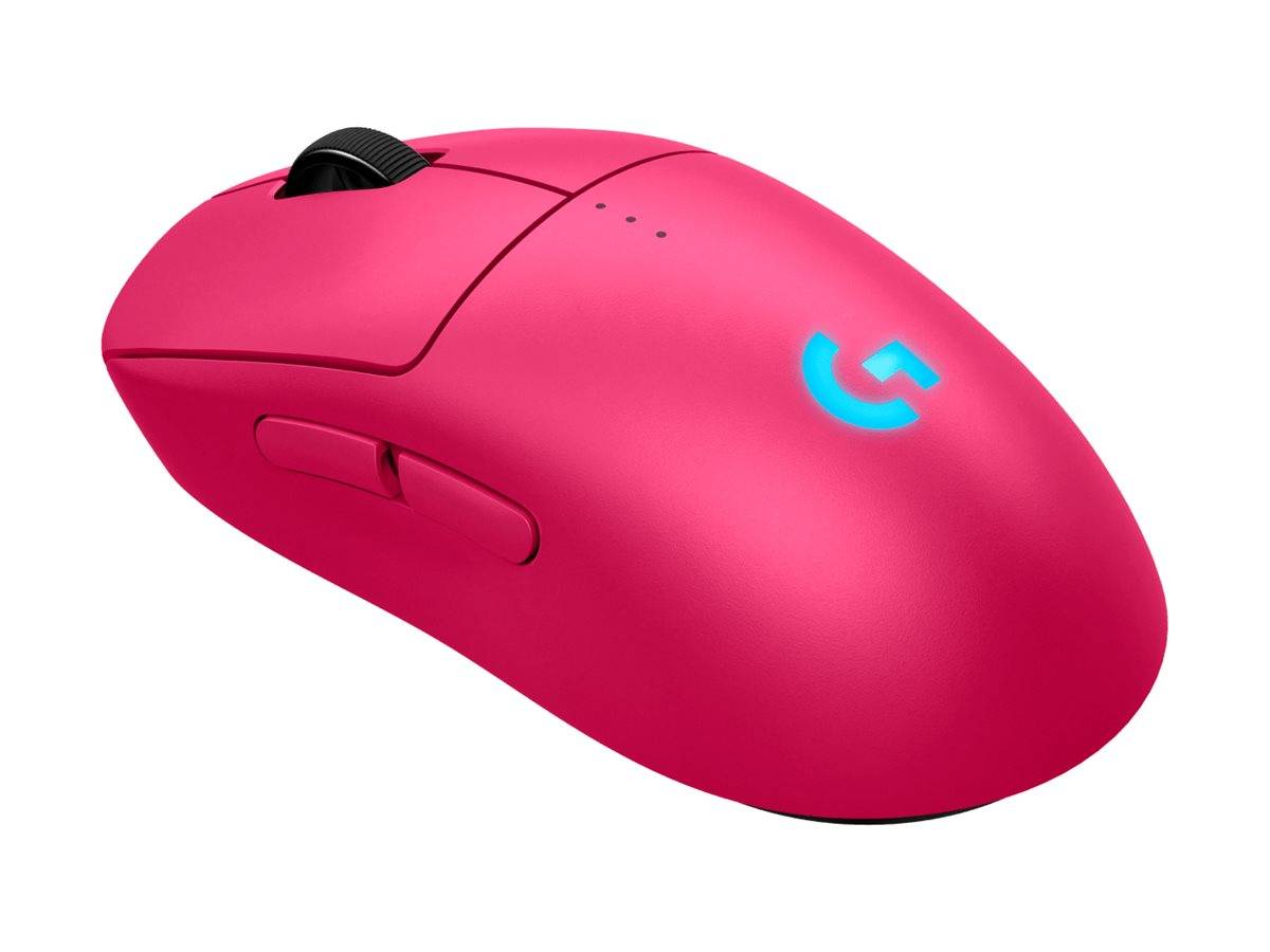 Rosa kabelloses Computermaus mit schwarzem Scrollrad und leuchtendem blauem Logo auf weißem Hintergrund.