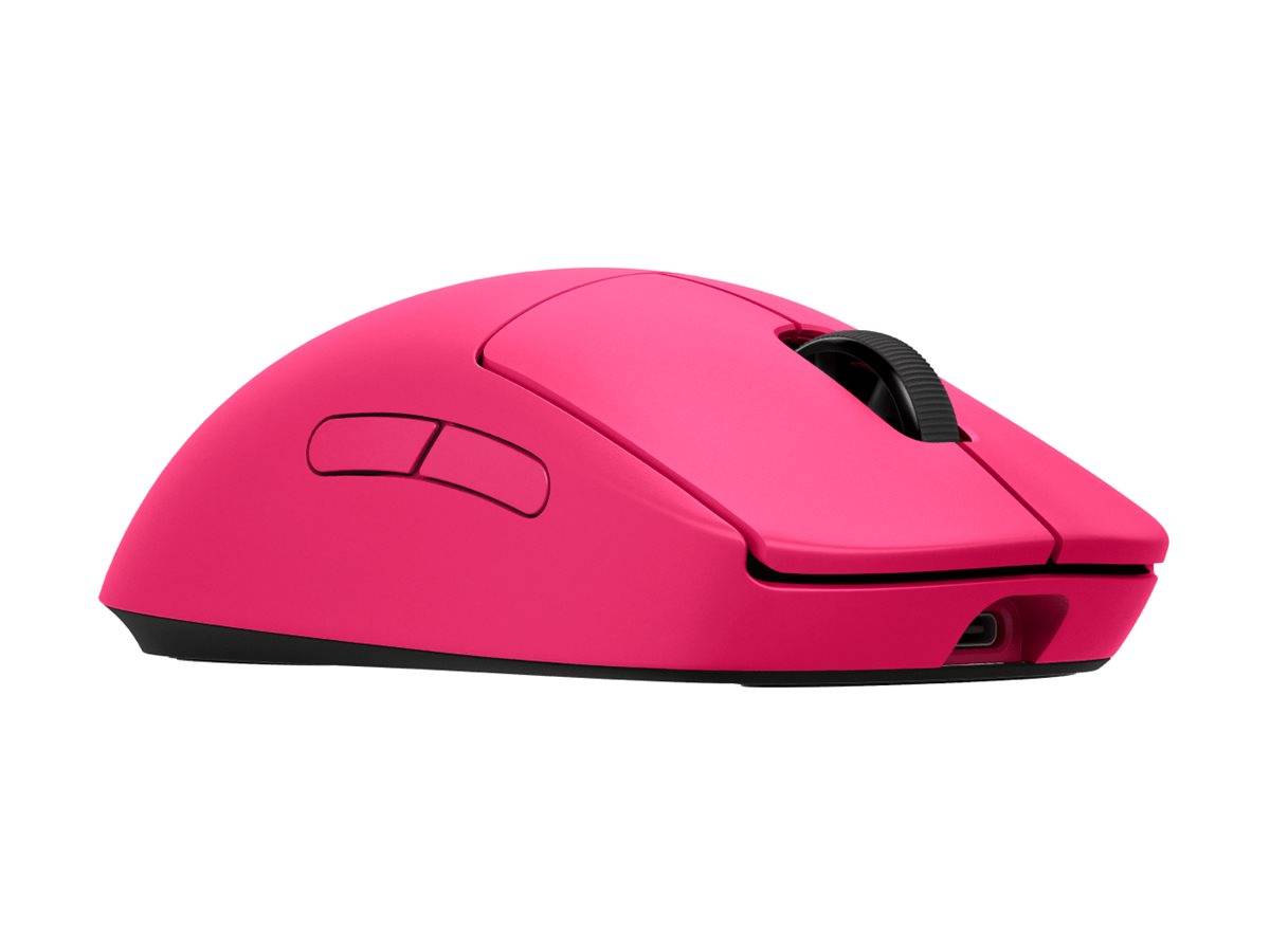 Rosa kabellose Computermaus auf weißem Hintergrund, Seitenansicht.