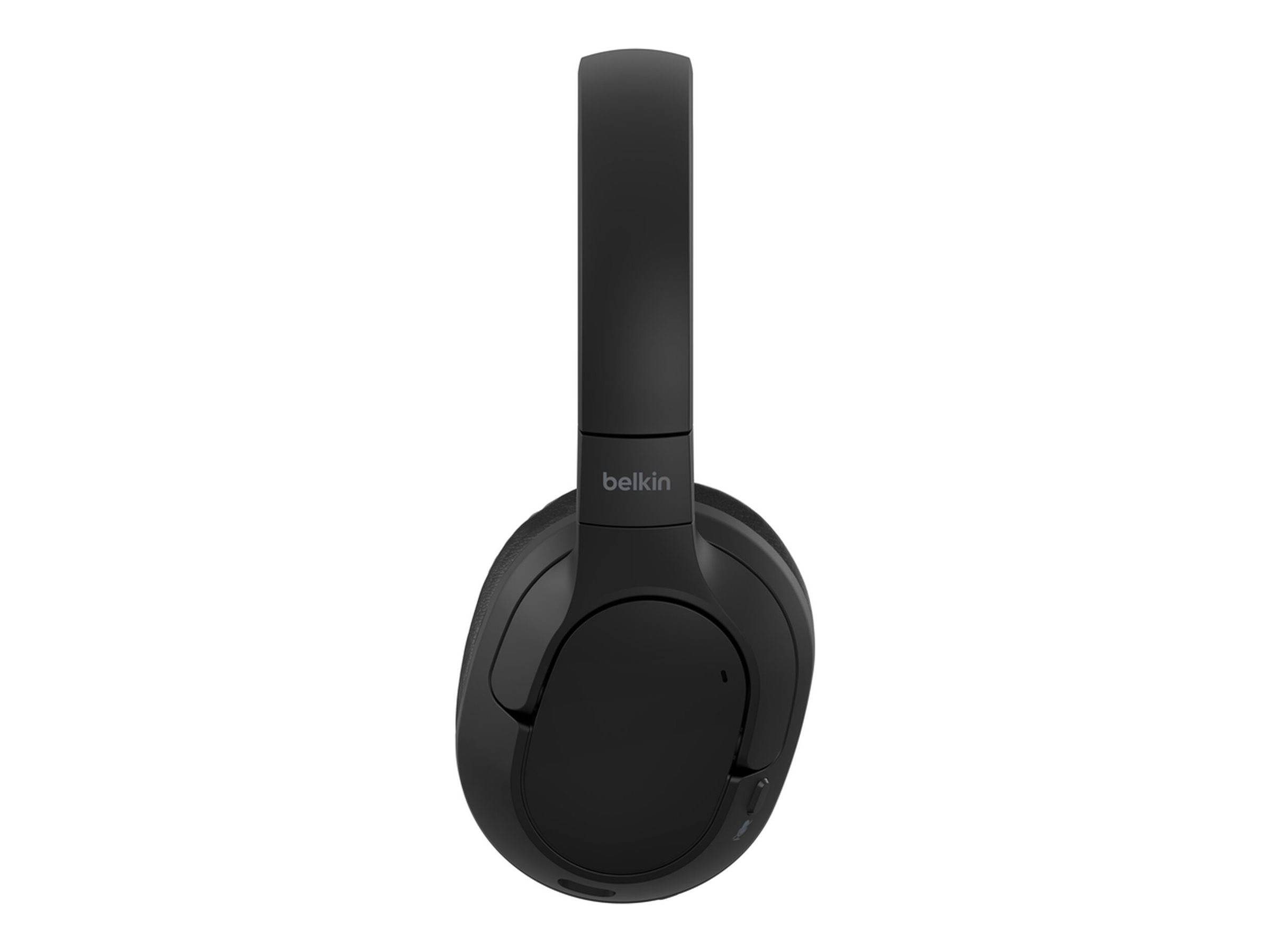 Schwarze Over-Ear-Kopfhörer mit dem Markennamen 'Belkin' auf dem Kopfbügel. Das Design ist schlicht und modern.