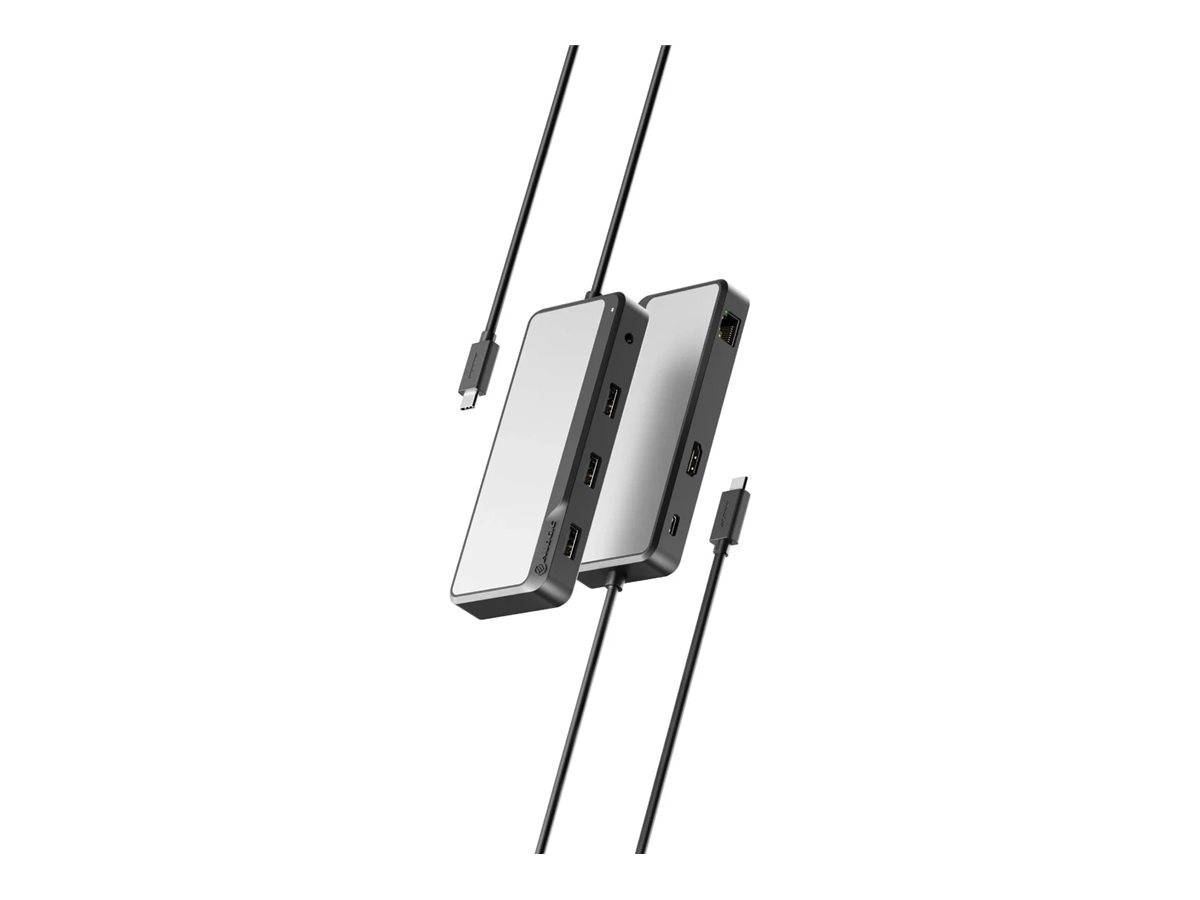 Zwei schlanke graue USB-C-Hub-Adapter mit mehreren Anschlüssen und angebrachten Kabeln auf weißem Hintergrund dargestellt.