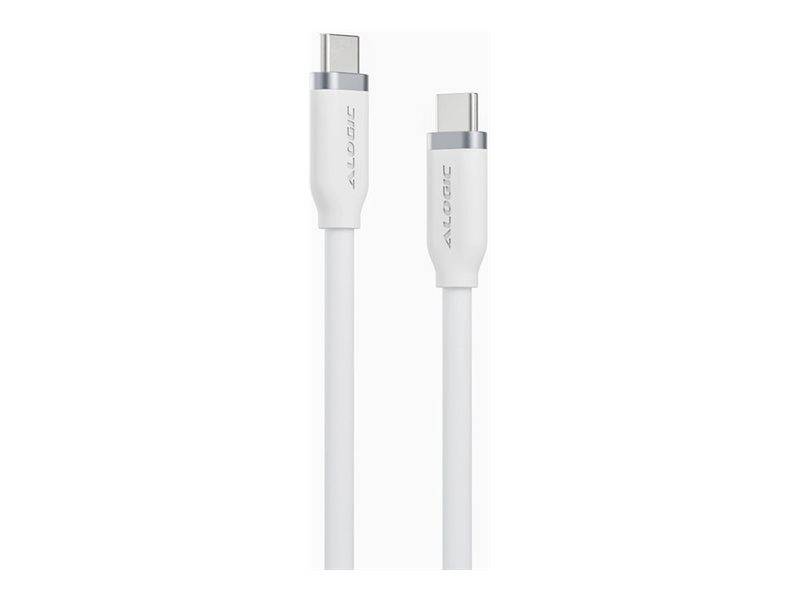 Zwei weiße USB-C-Ladekabel nebeneinander auf einem schlichten Hintergrund gezeigt, mit passenden Steckern und 