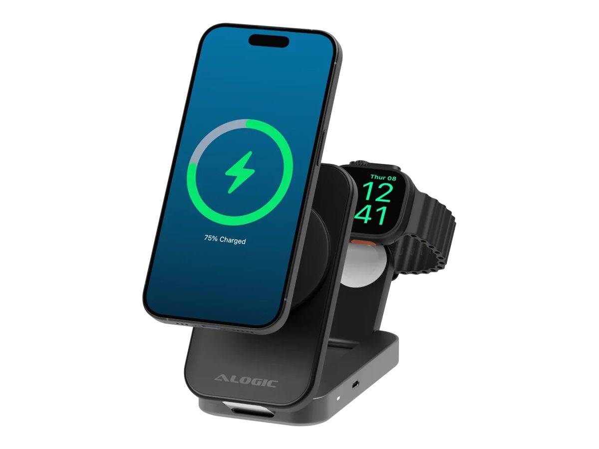 Ein Smartphone und eine Smartwatch laden auf einem schwarzen 2-in-1-Induktionsladegerät; der Bildschirm des Telefons zeigt 75% Ladung an und die Uhr zeigt 12:41.