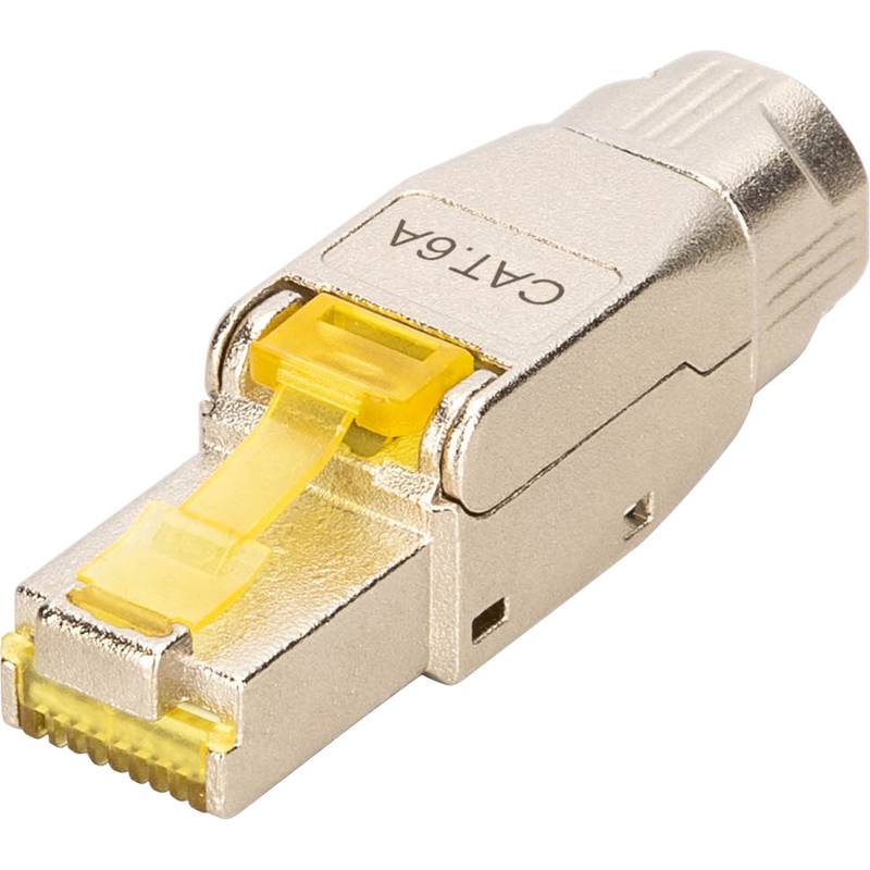 Metallischer CAT6-Ethernet-Kabelstecker mit gelbem Verriegelungshebel auf weißem Hintergrund.