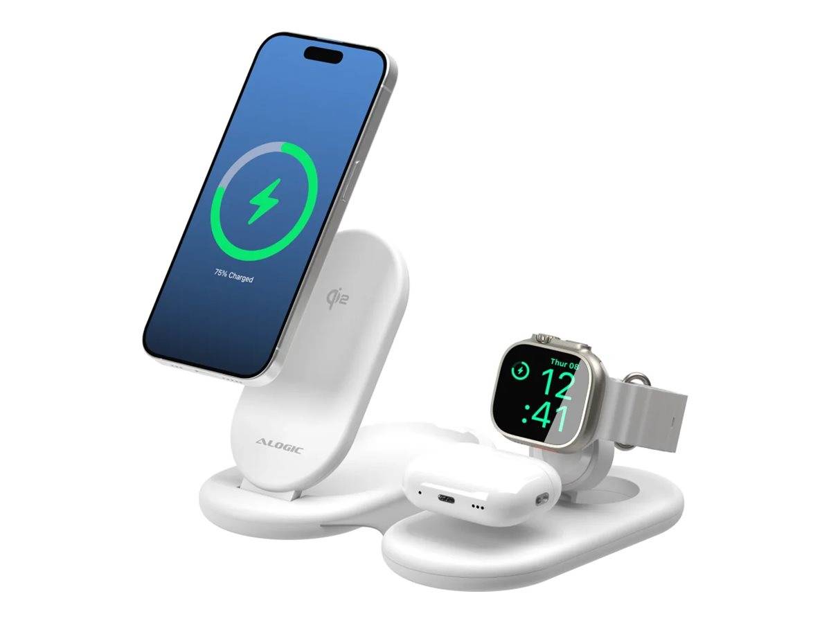 Kabellose Ladestation mit Telefon, Smartwatch und Ohrhörern, die auf einem weißen Multi-Geräte-Ständer geladen werden.
