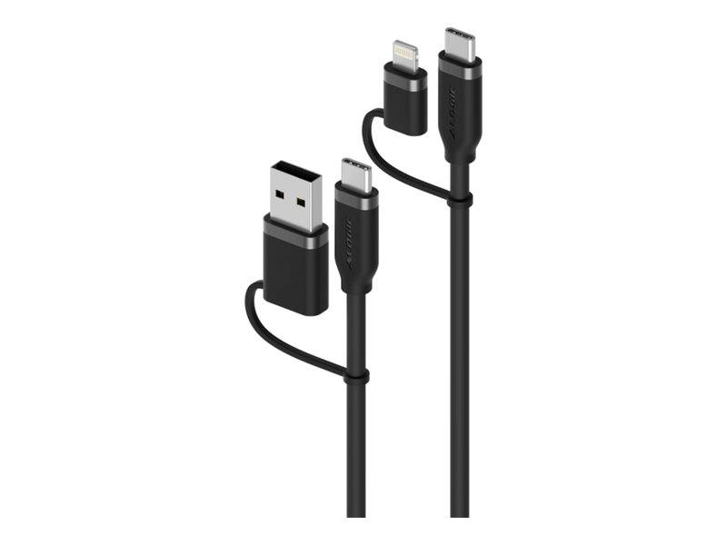 Schwarzes USB-A-auf-USB-C-Ladekabel, das mit beiden Enden und Anschlüssen auf weißem Hintergrund dargestellt ist.