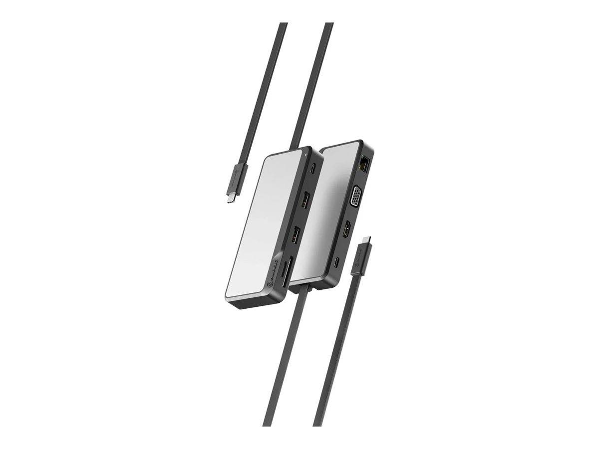Zwei schlanke USB-C-Hub-Adapter mit angeschlossenen Kabeln, ausgestattet mit mehreren Anschlüssen und einem kompakten silber-schwarzen Design auf weißem Hintergrund.