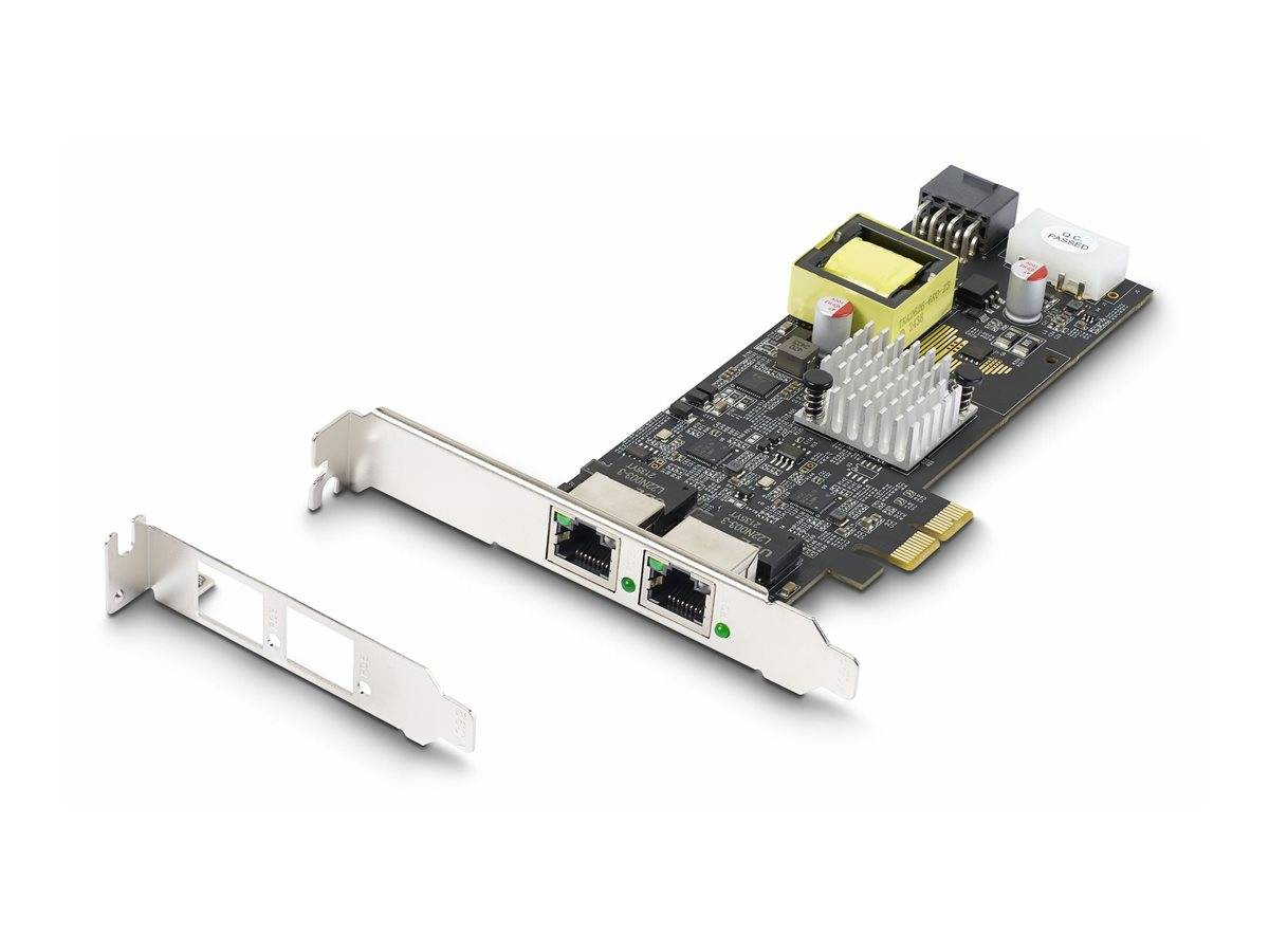 Eine Computernetzwerkkarte mit zwei Ethernet-Anschlüssen, ausgestattet mit einem Kühlkörper und zusätzlicher Metallhalterung, zur internen Installation konzipiert.