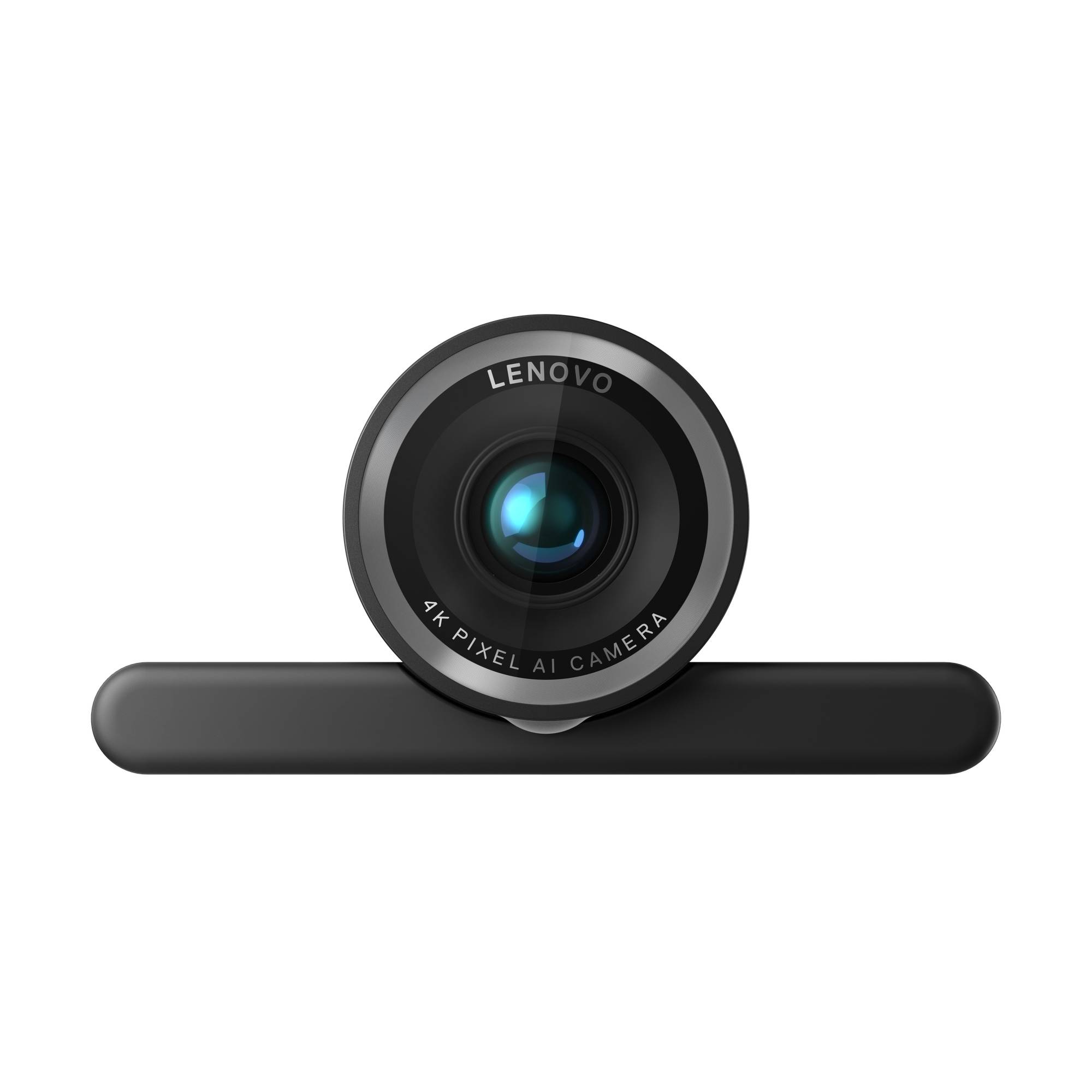 Lenovo 4K Pixel AI-Kameraobjektiv zentriert über einer horizontalen Leiste auf schwarzem Hintergrund.