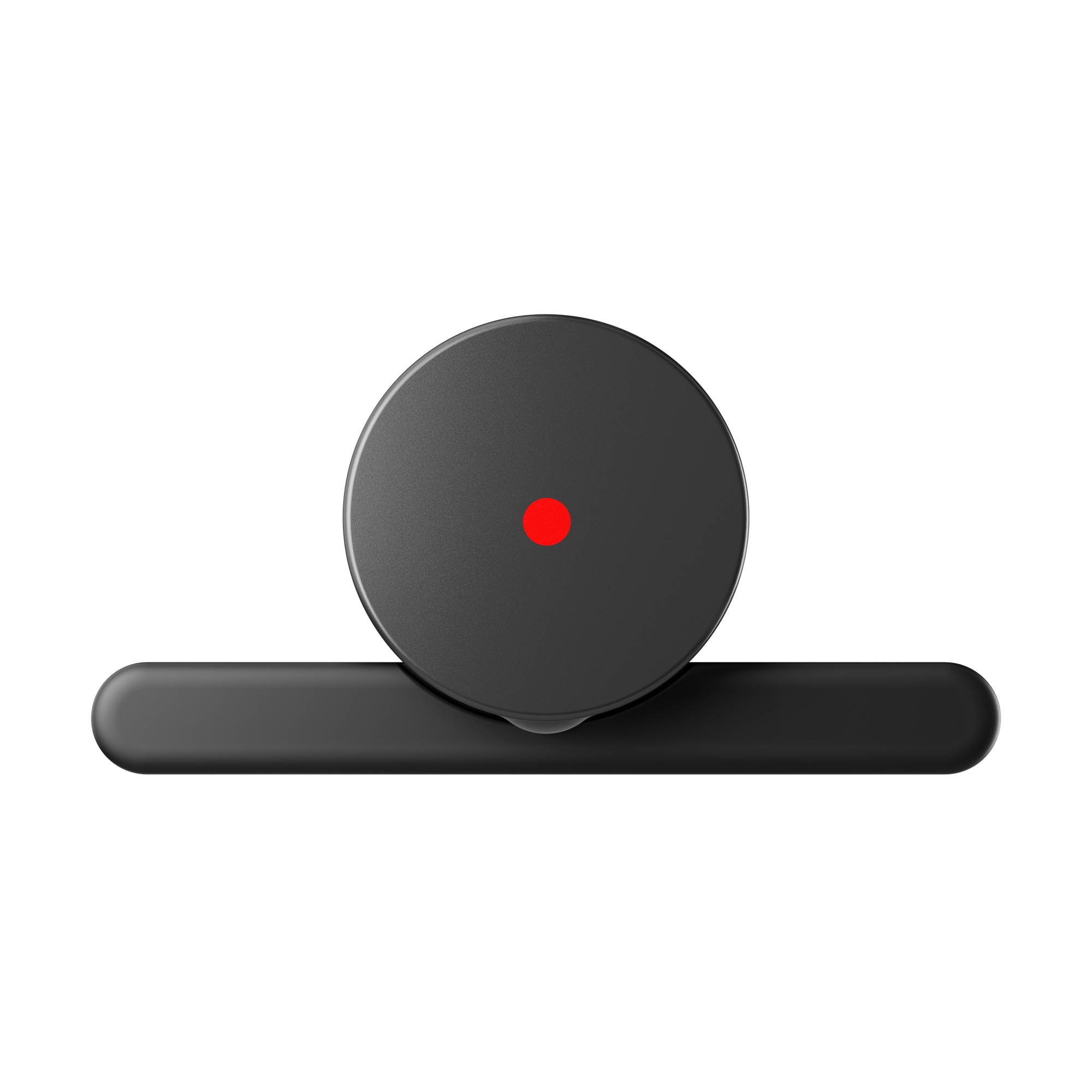 Eine graue kreisförmige Kamera oder ein Sensor, der über einer horizontalen dunklen Basis auf schwarzem Hintergrund zentriert ist, mit einem kleinen roten Indikatorpunkt in der Mitte.