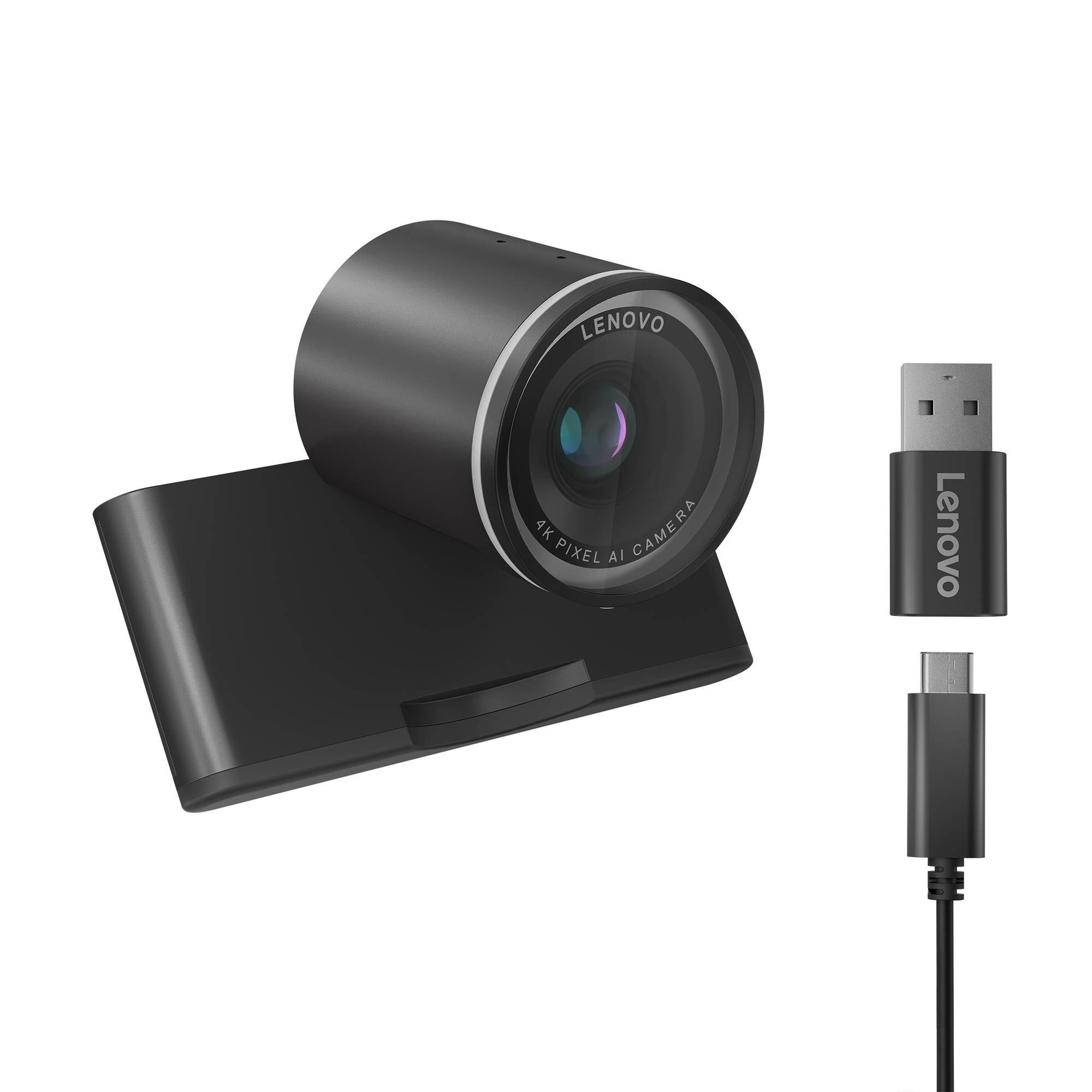 Lenovo USB-Webcam mit einer 4K-AI-Kameraobjektiv, dargestellt mit ihrem USB-Empfänger und Kabel auf schwarzem Hintergrund.