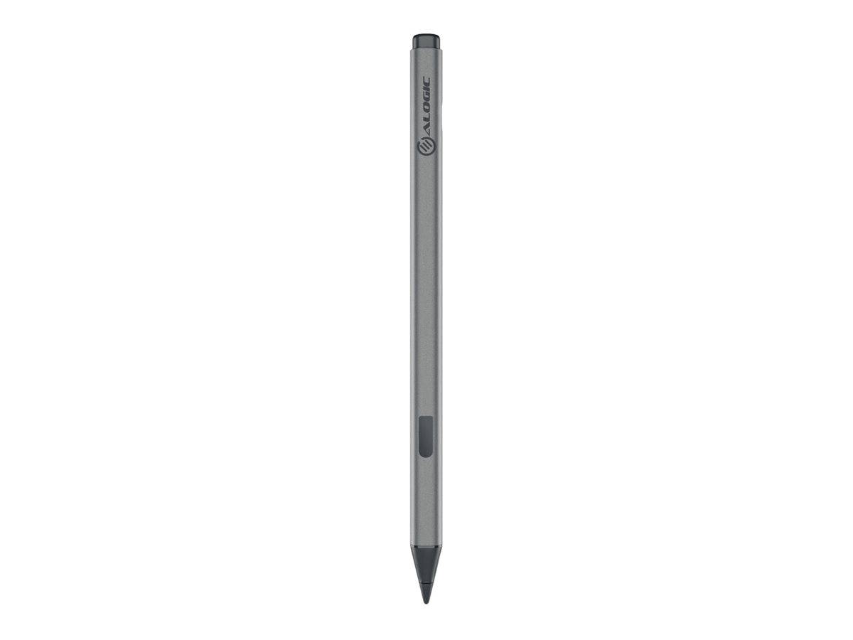 Grauer Stiftenstift mit schwarzer Spitze und clipähnlichem Detail, aufrecht auf weißem Hintergrund dargestellt.