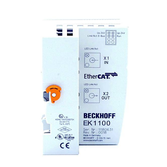 Beckhoff EK1100 EtherCAT-Kopplungsmodul mit X1 IN- und X2 OUT-Anschlüssen in Vorderansicht dargestellt.