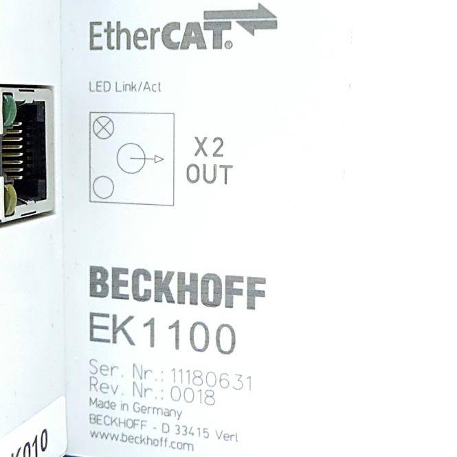 Nahaufnahme eines Etiketts des Beckhoff EK1100 EtherCAT-Kopplers mit den Angaben „LED Link/Act