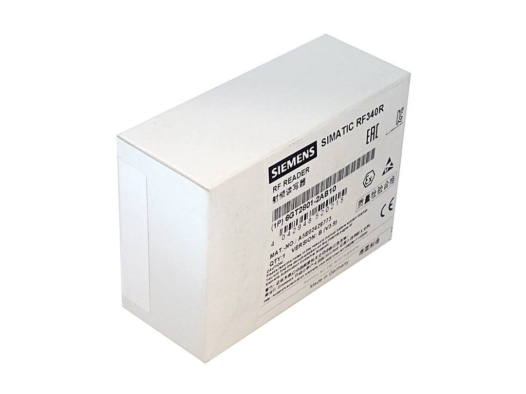 Original Siemens SIMATIC RF340R RFID-Lesegerät in der Verpackung auf weißem Hintergrund.