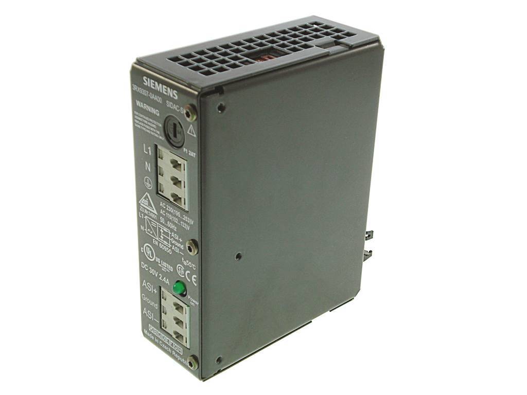 Seitenansicht eines industriellen Netzteilmoduls von Siemens mit Klemmenbeschriftungen und Kontrollleuchte, auf weißem Hintergrund dargestellt.