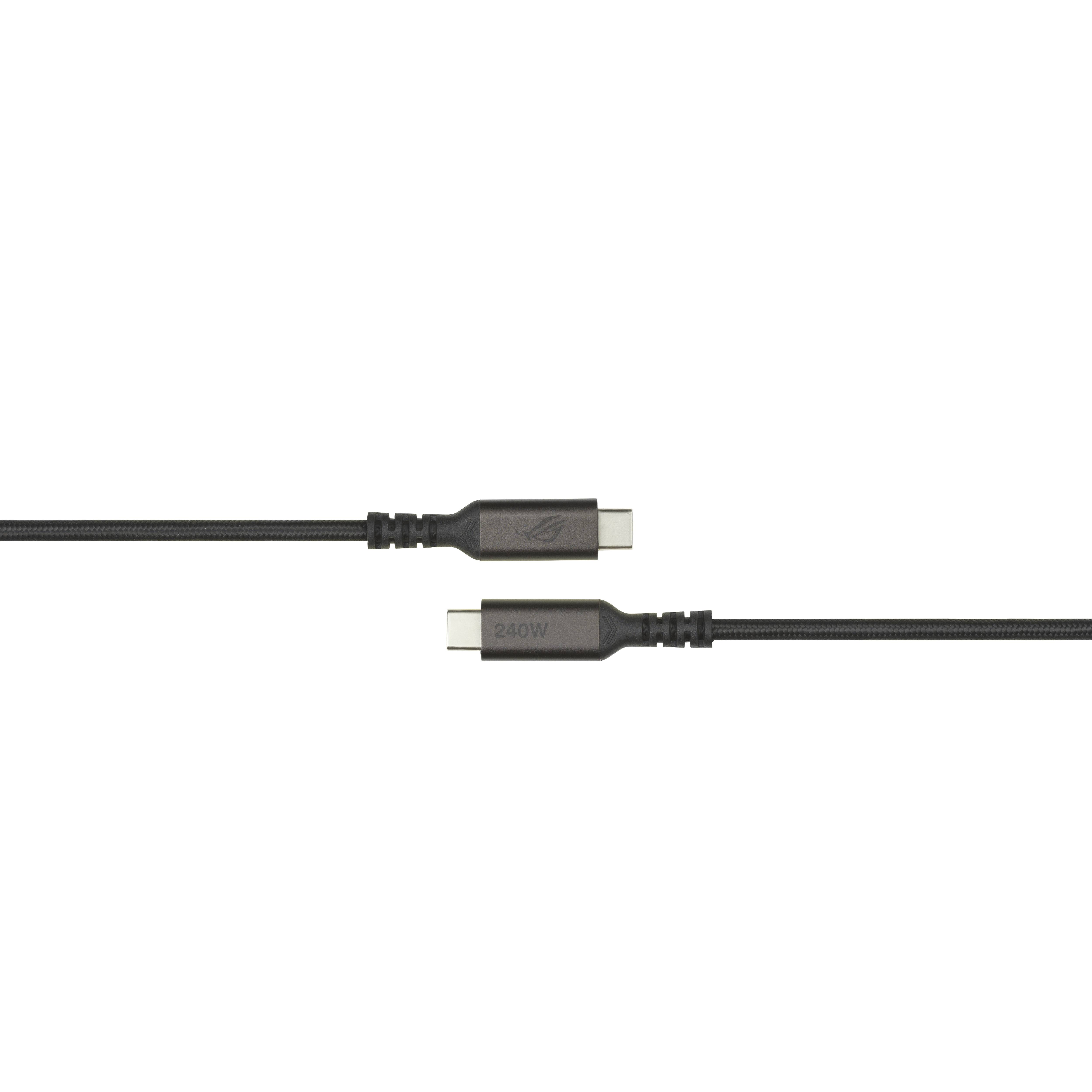 Zwei schwarze USB-C-Kabel mit silbernen Steckern, vor schwarzem Hintergrund dargestellt, eines mit der Beschriftung „240W