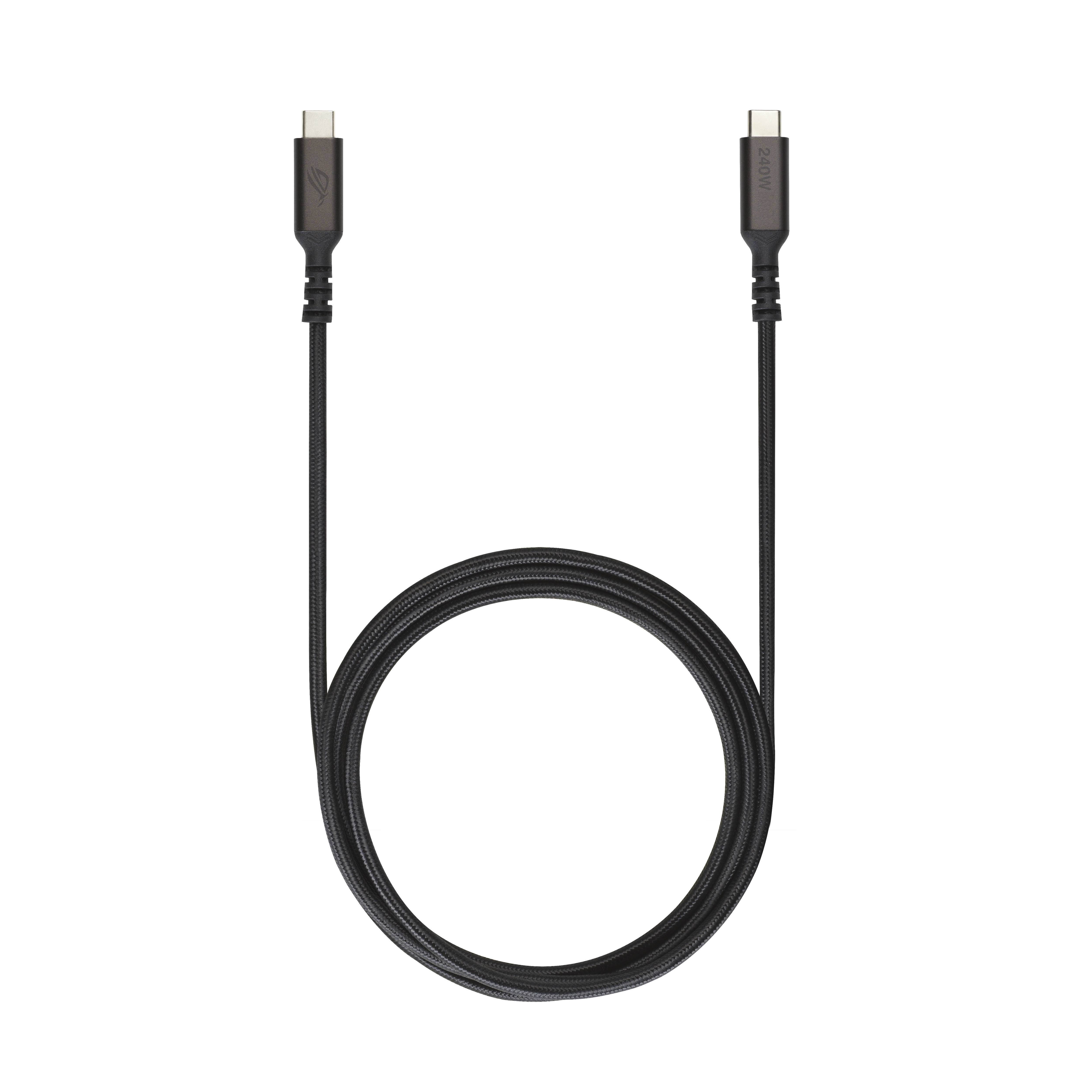 Schwarzes USB-C-Kabel in einer Schleife aufgerollt, mit beiden Steckern sichtbar vor schwarzem Hintergrund.