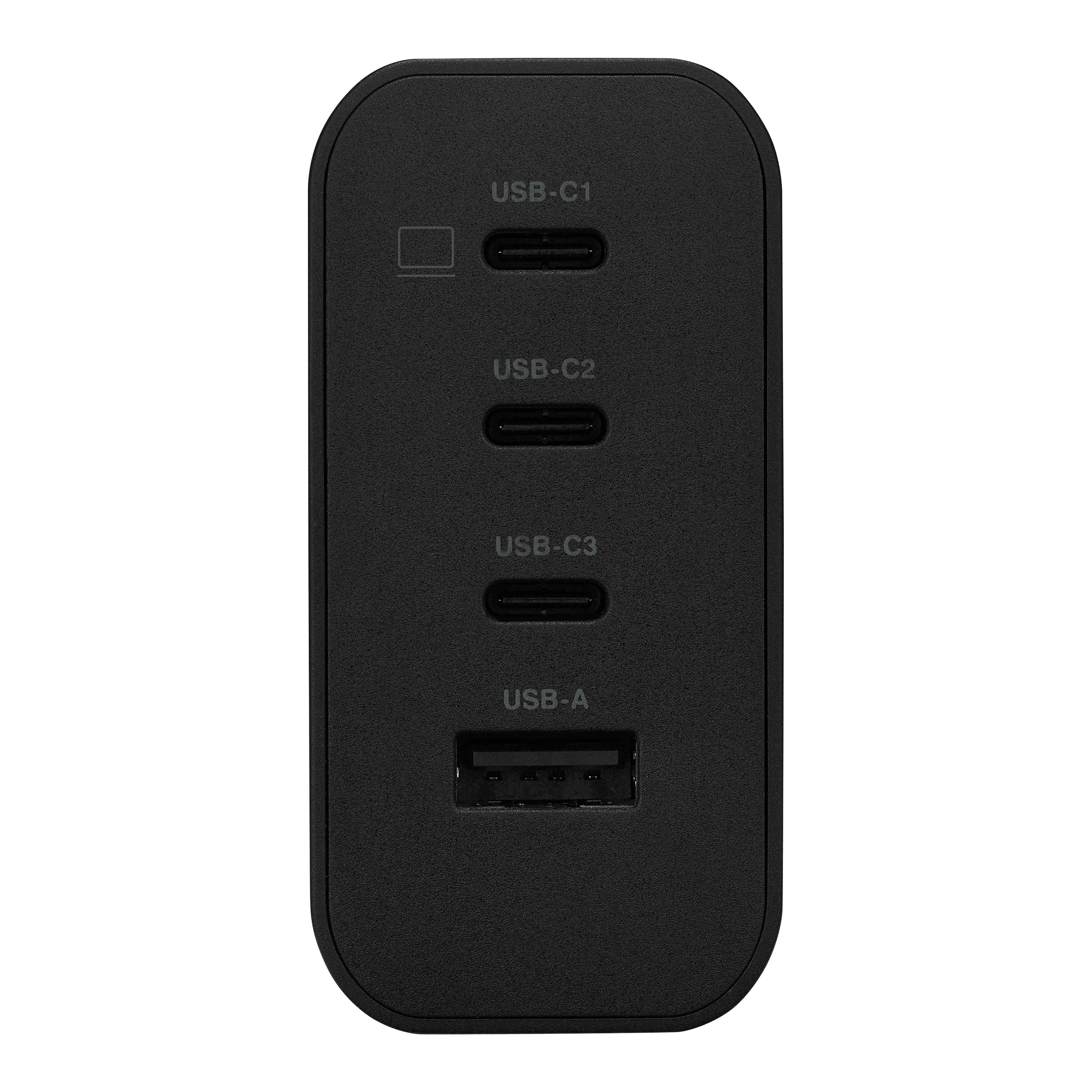 Schwarzer Ladehub mit drei USB-C-Anschlüssen mit den Bezeichnungen „USB-C1