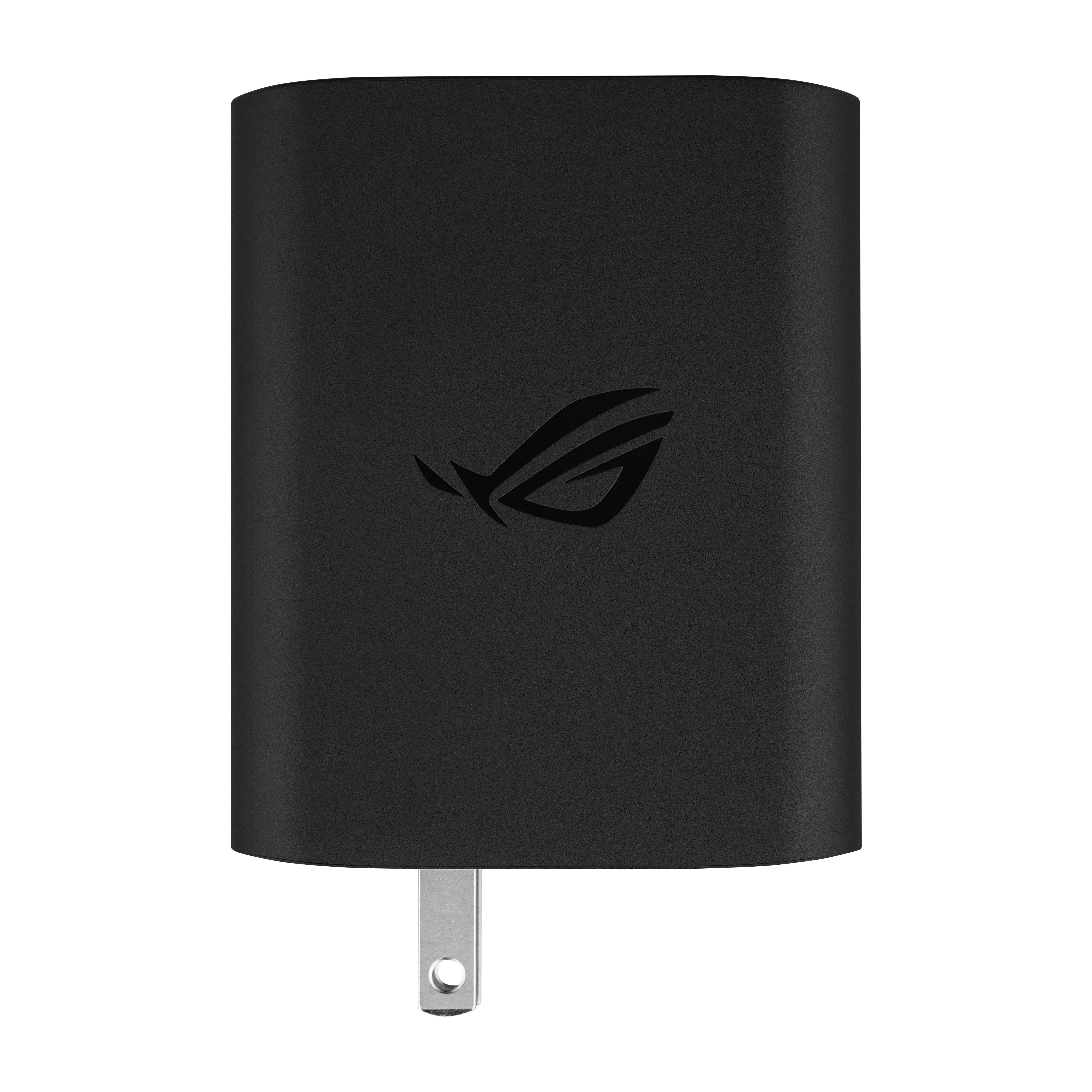 Schwarzer ASUS ROG Netzteil mit Logo und einzelnem Metallstecker vor dunklem Hintergrund.