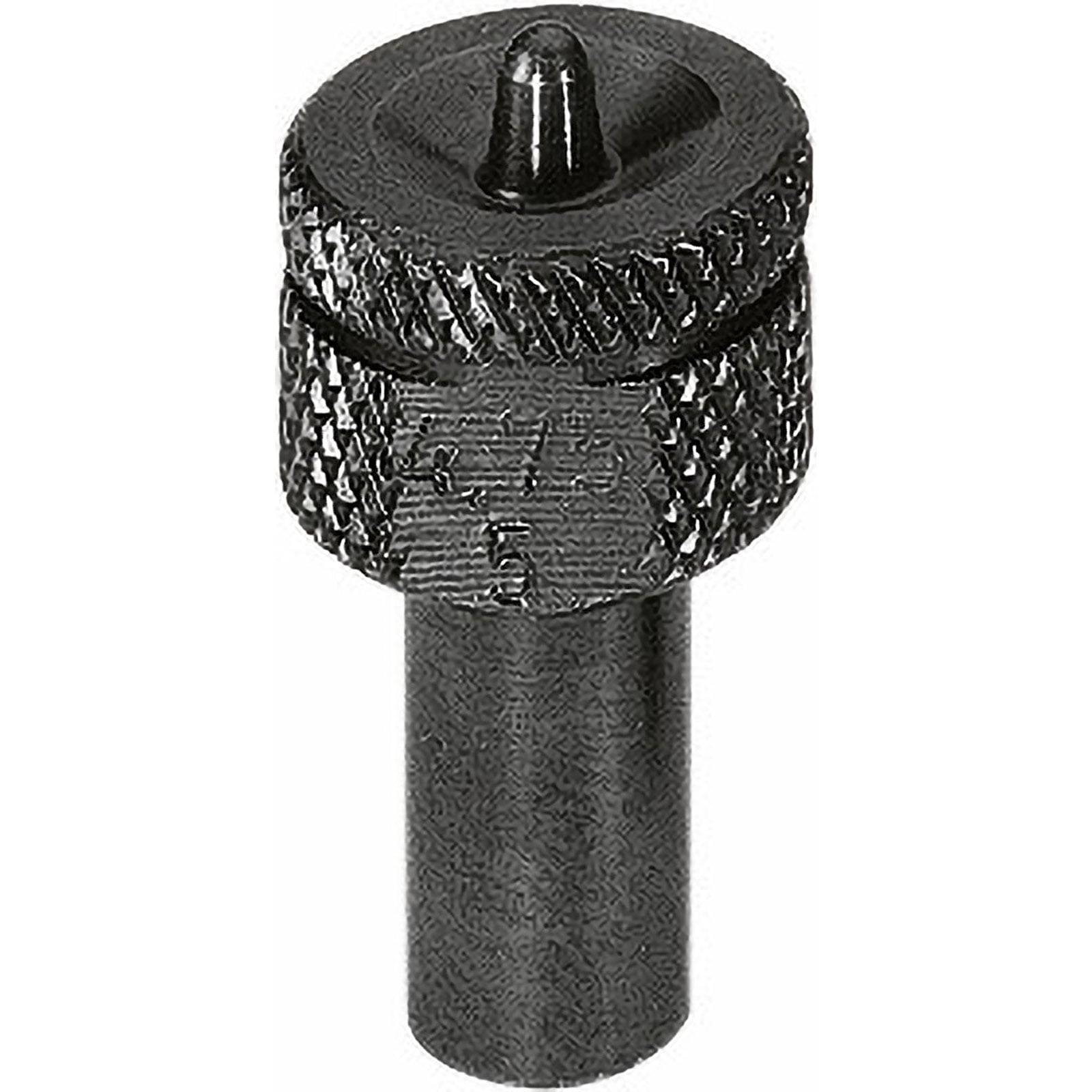 Eine schwarze, strukturierte Schraube mit einer zylindrischen Basis und einem abgerundeten Kopf, die für eine sichere Befestigung konzipiert ist.