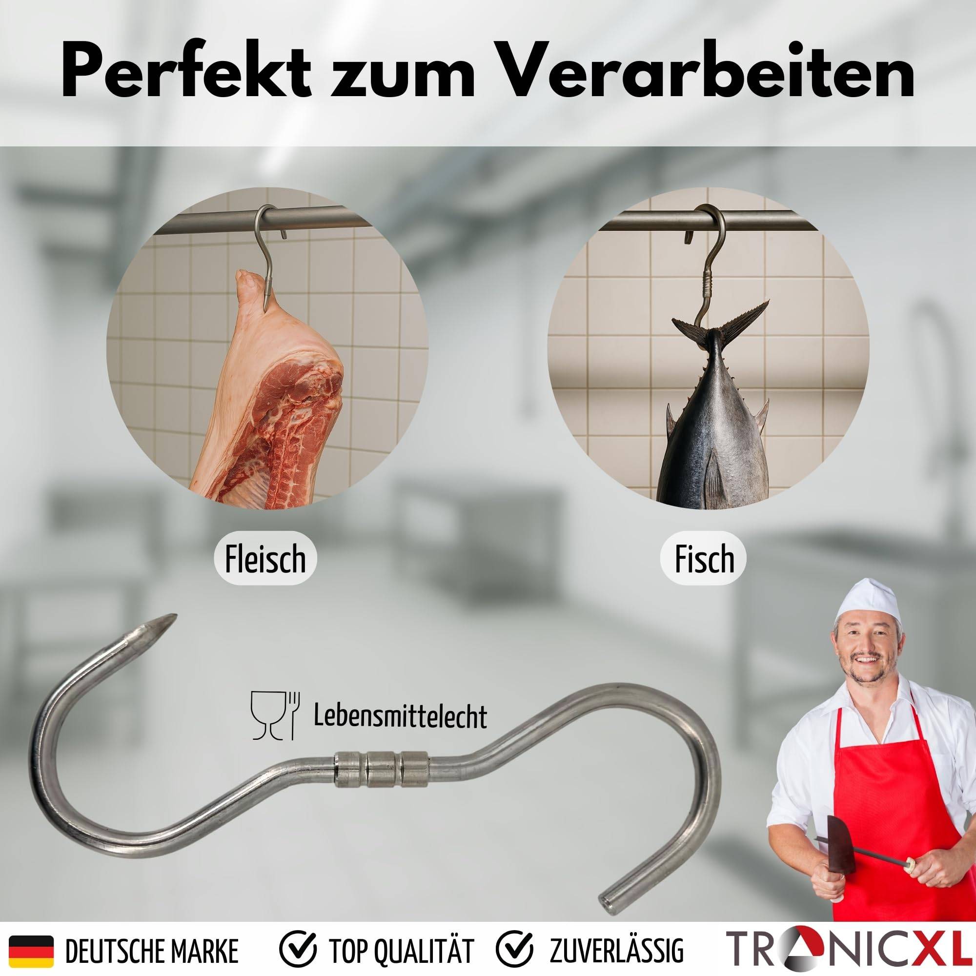 10 Stück PROFI S-Haken - 260x10mm Drehhaken Edelstahl Dreh Haken Wildhaken Zerwirk-haken Swivel Hook Fleischhaken drehbar zum Aufhängen von Wild Fis